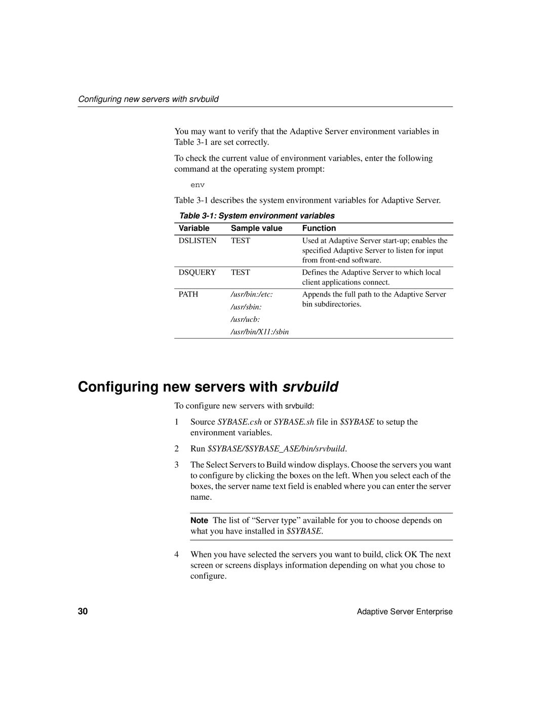 Sybase DC35823-01-1500-04 manual Configuring new servers with srvbuild, System environment variables 