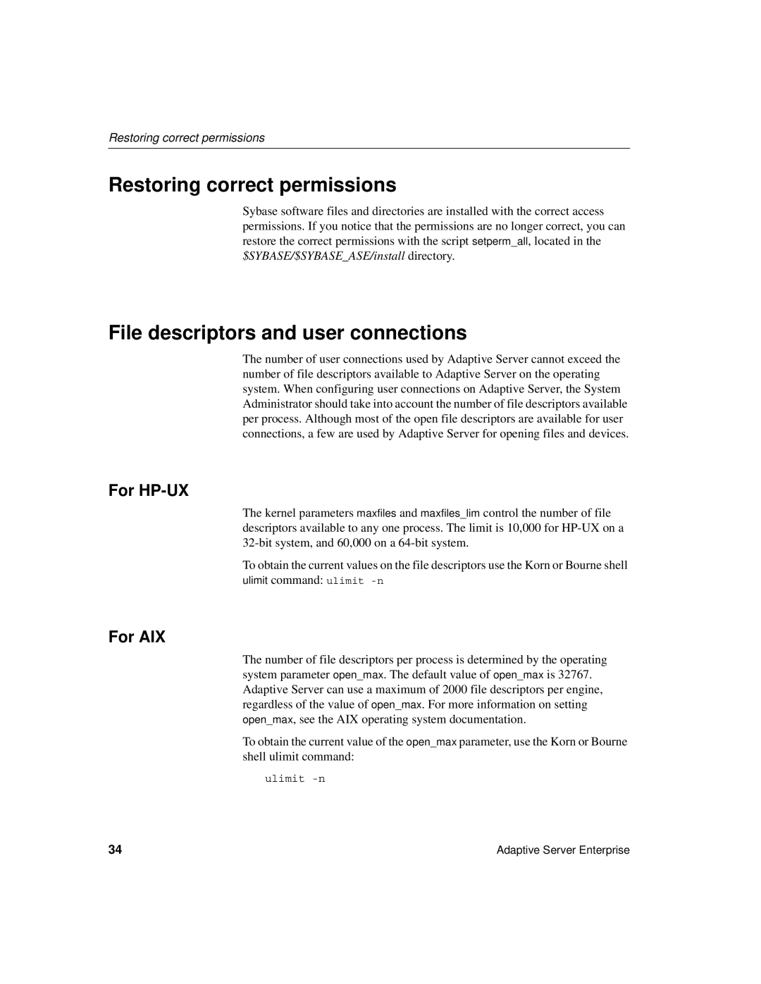 Sybase DC35823-01-1500-04 manual Restoring correct permissions, File descriptors and user connections, For AIX 