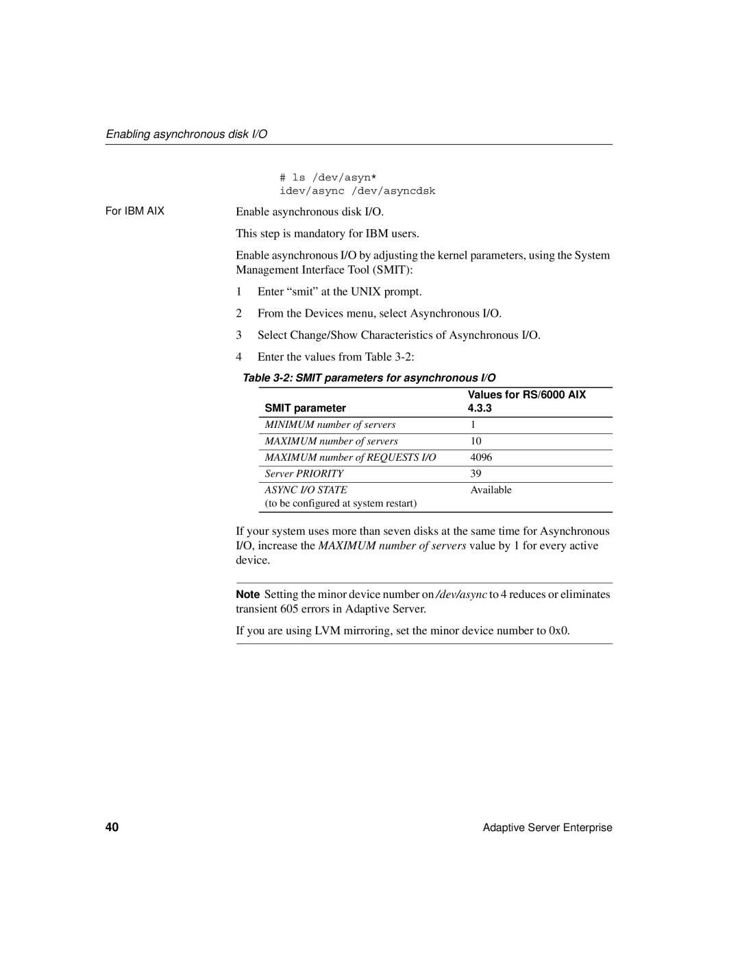 Sybase DC35823-01-1500-04 Enable asynchronous disk I/O, This step is mandatory for IBM users, Enter the values from Table 