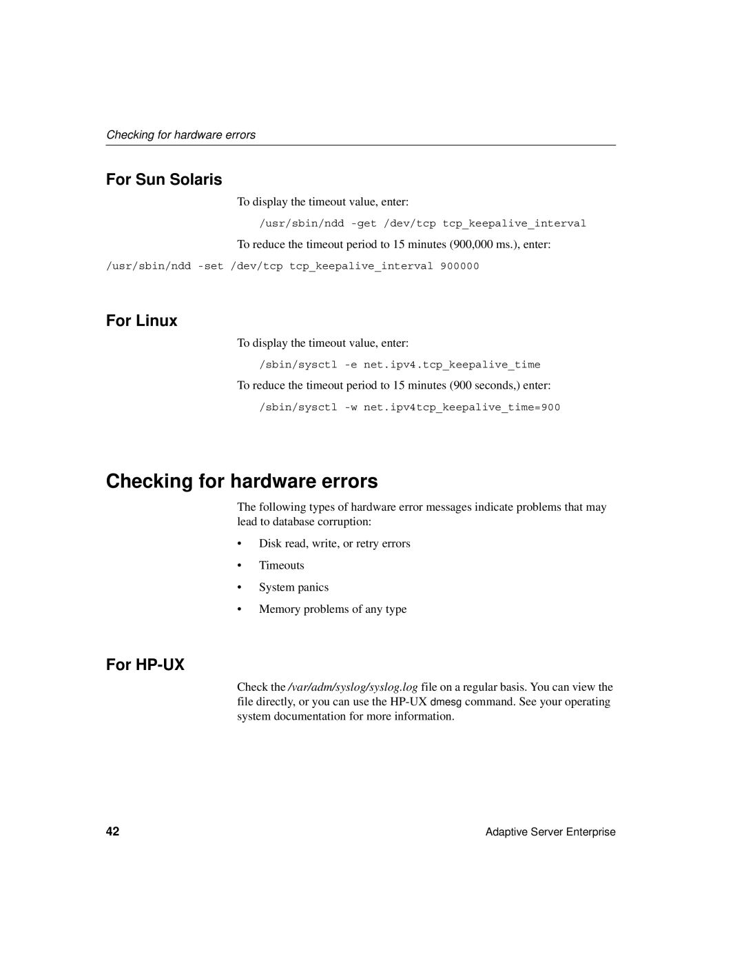 Sybase DC35823-01-1500-04 manual Checking for hardware errors, To display the timeout value, enter 