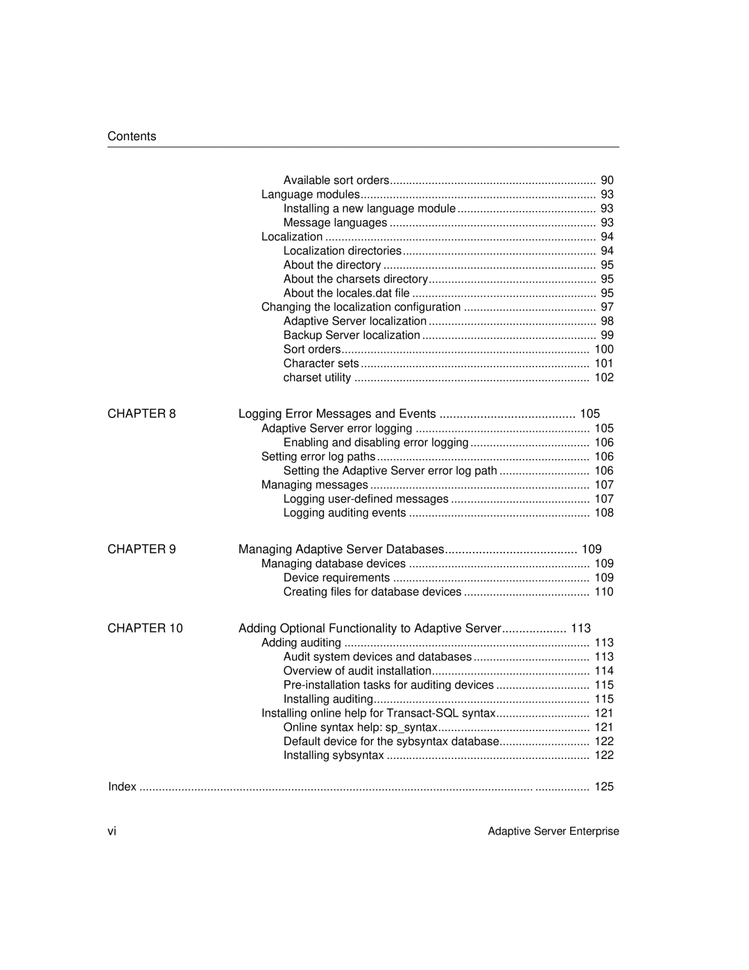 Sybase DC35823-01-1500-04 manual 105, 109, Adding Optional Functionality to Adaptive Server 113, 125 