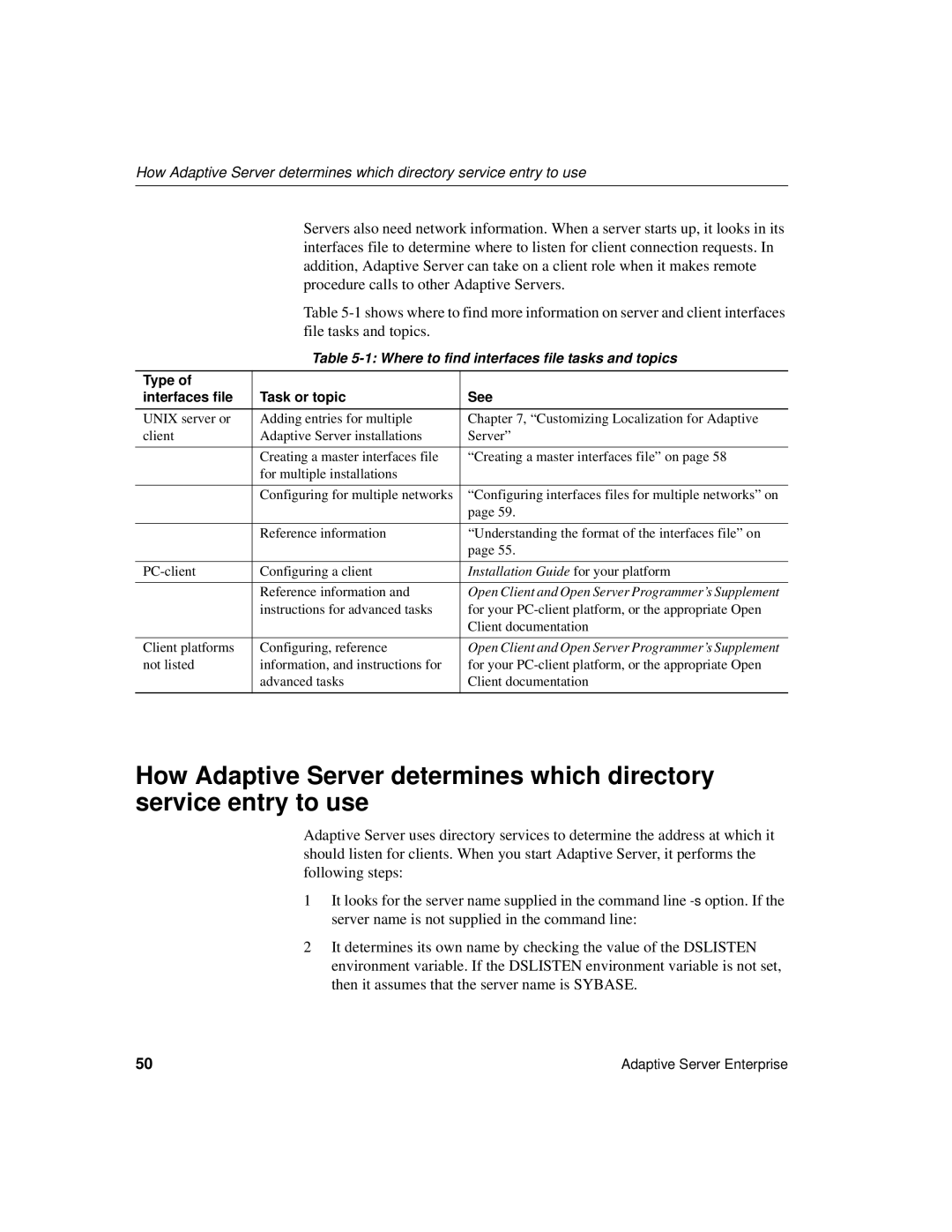 Sybase DC35823-01-1500-04 manual Where to find interfaces file tasks and topics, Type Interfaces file Task or topic See 