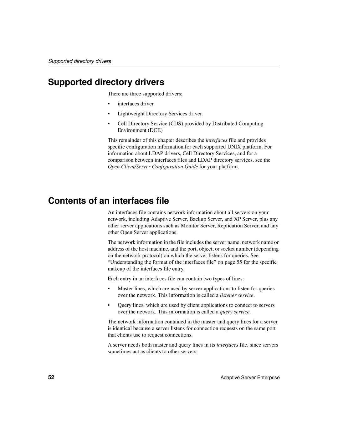 Sybase DC35823-01-1500-04 manual Supported directory drivers, Contents of an interfaces file 