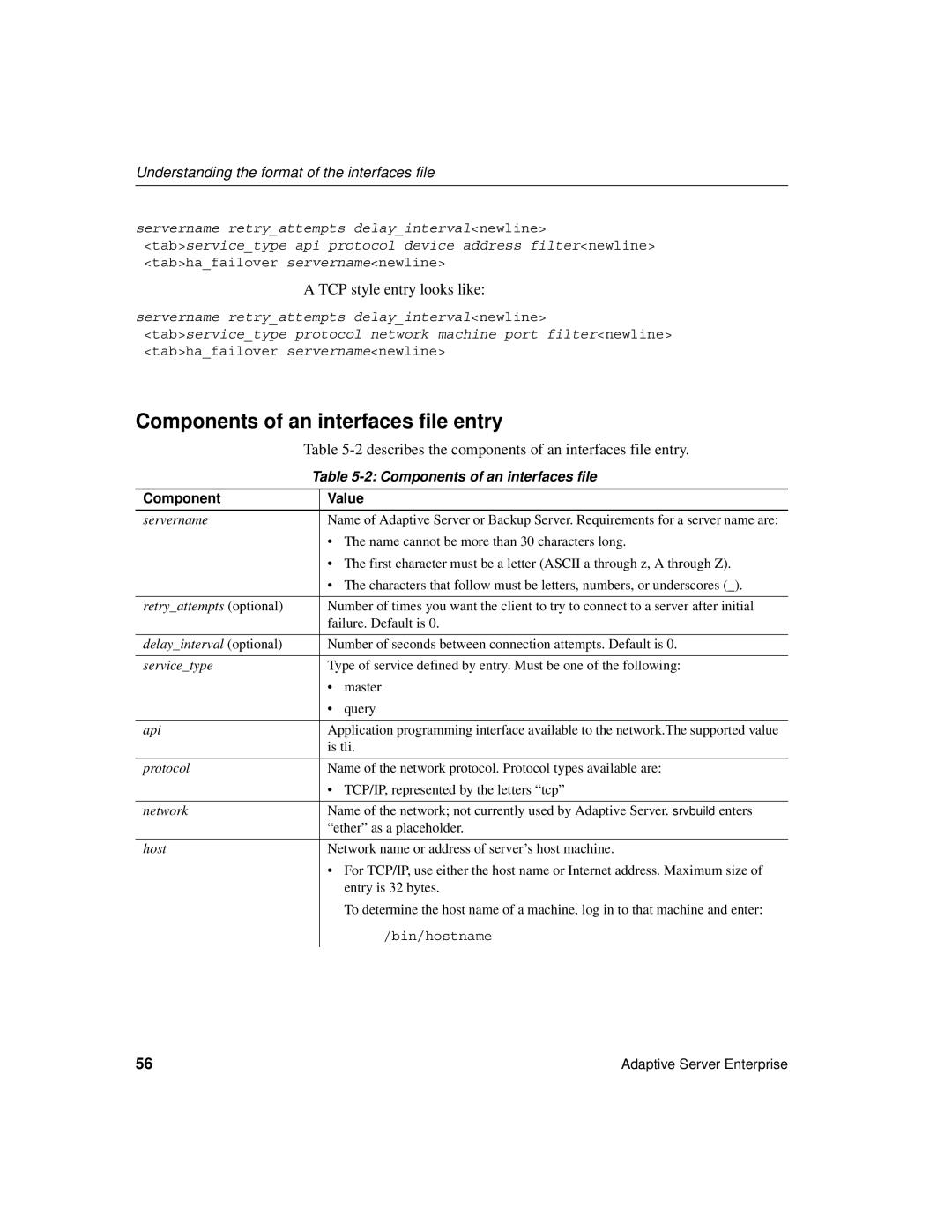 Sybase DC35823-01-1500-04 manual Components of an interfaces file entry, Understanding the format of the interfaces file 