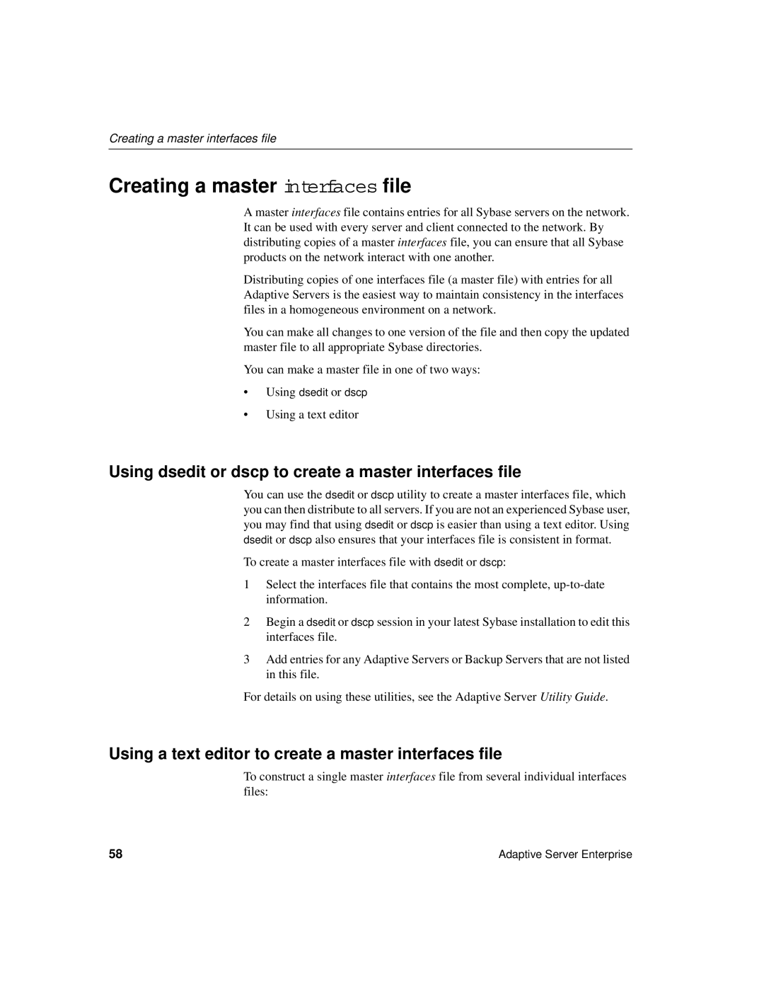 Sybase DC35823-01-1500-04 manual Creating a master interfaces file, Using dsedit or dscp to create a master interfaces file 