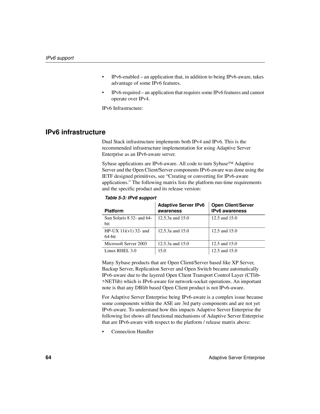 Sybase DC35823-01-1500-04 manual IPv6 infrastructure, IPv6 support 