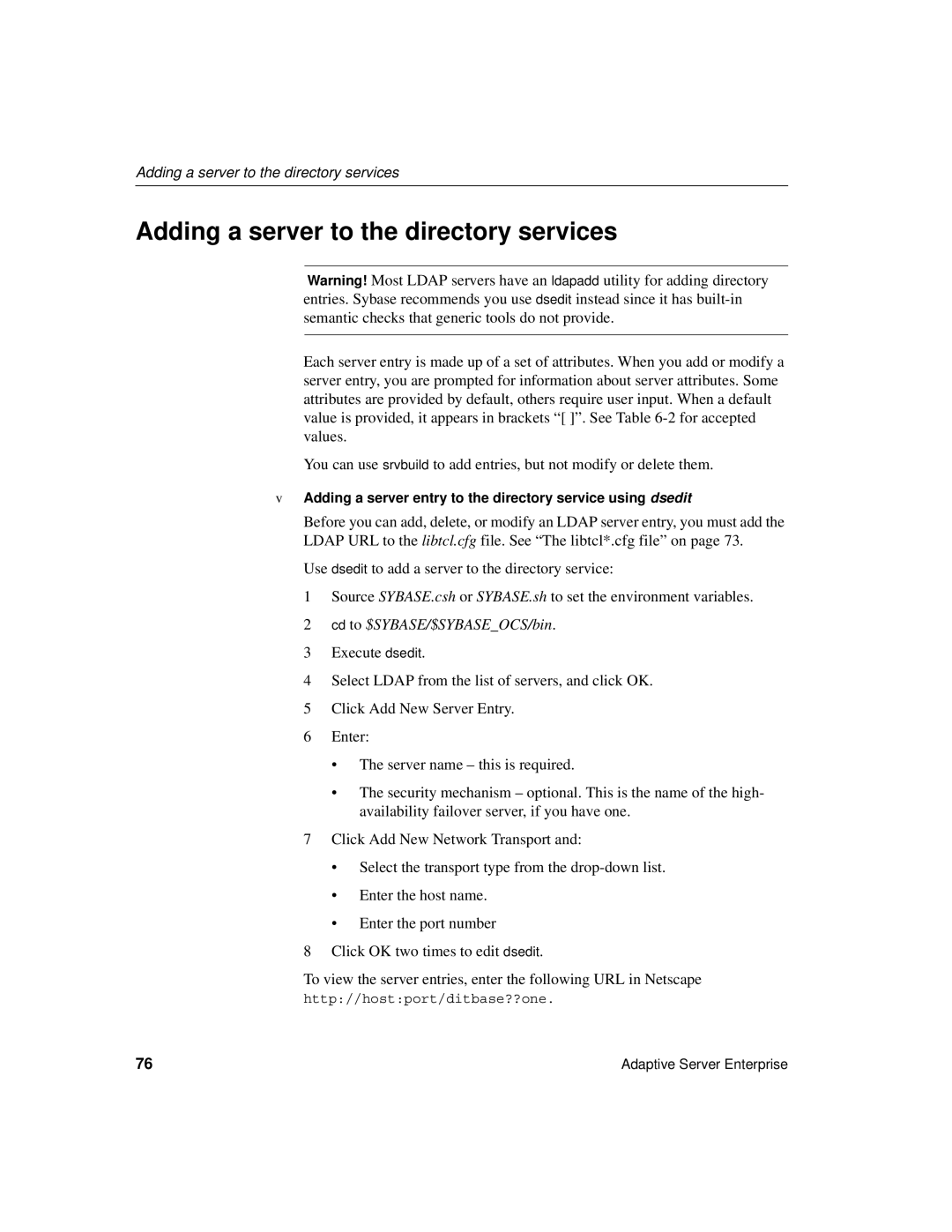 Sybase DC35823-01-1500-04 manual Adding a server to the directory services 