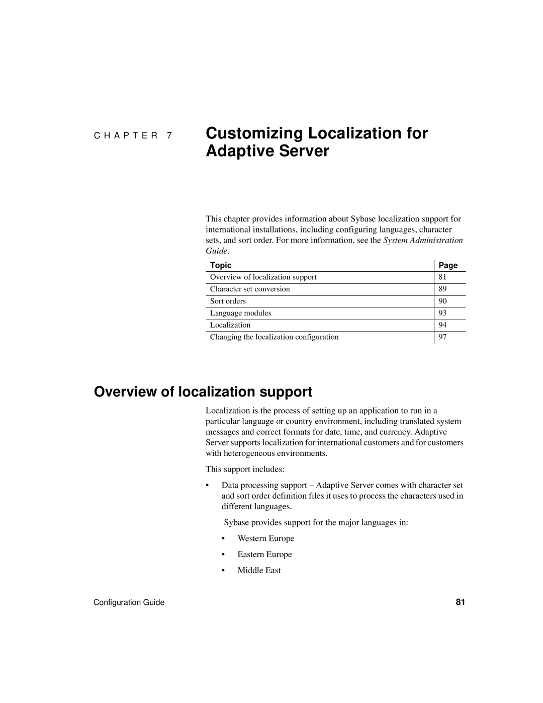 Sybase DC35823-01-1500-04 manual Customizing Localization for Adaptive Server, Overview of localization support 