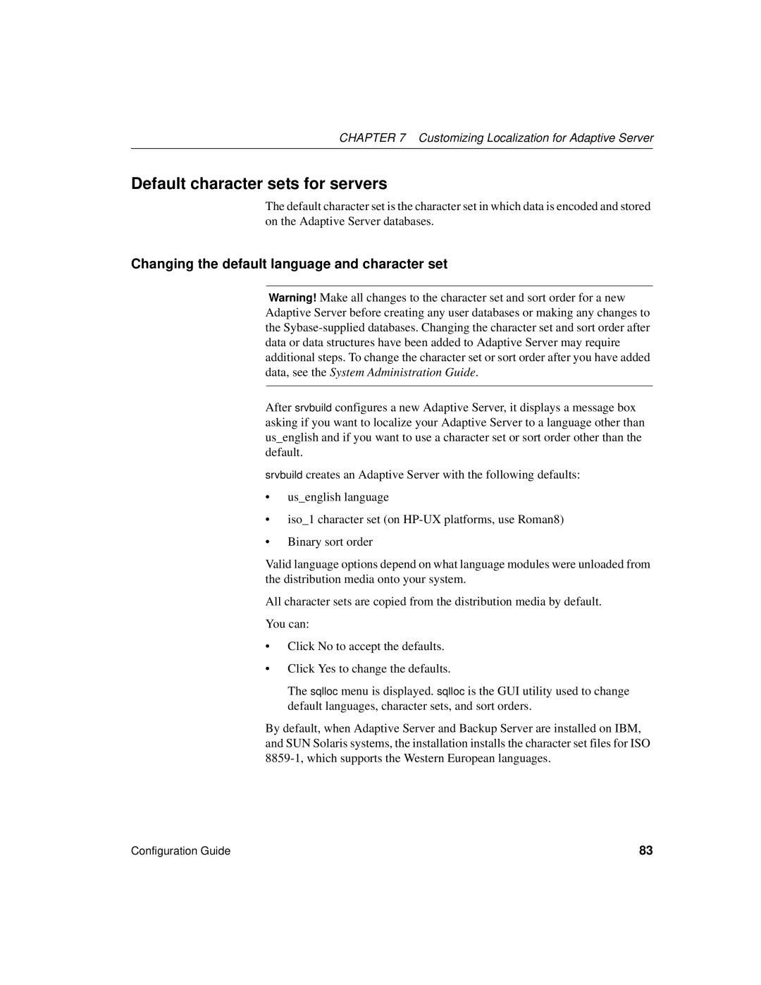Sybase DC35823-01-1500-04 manual Default character sets for servers, Customizing Localization for Adaptive Server 
