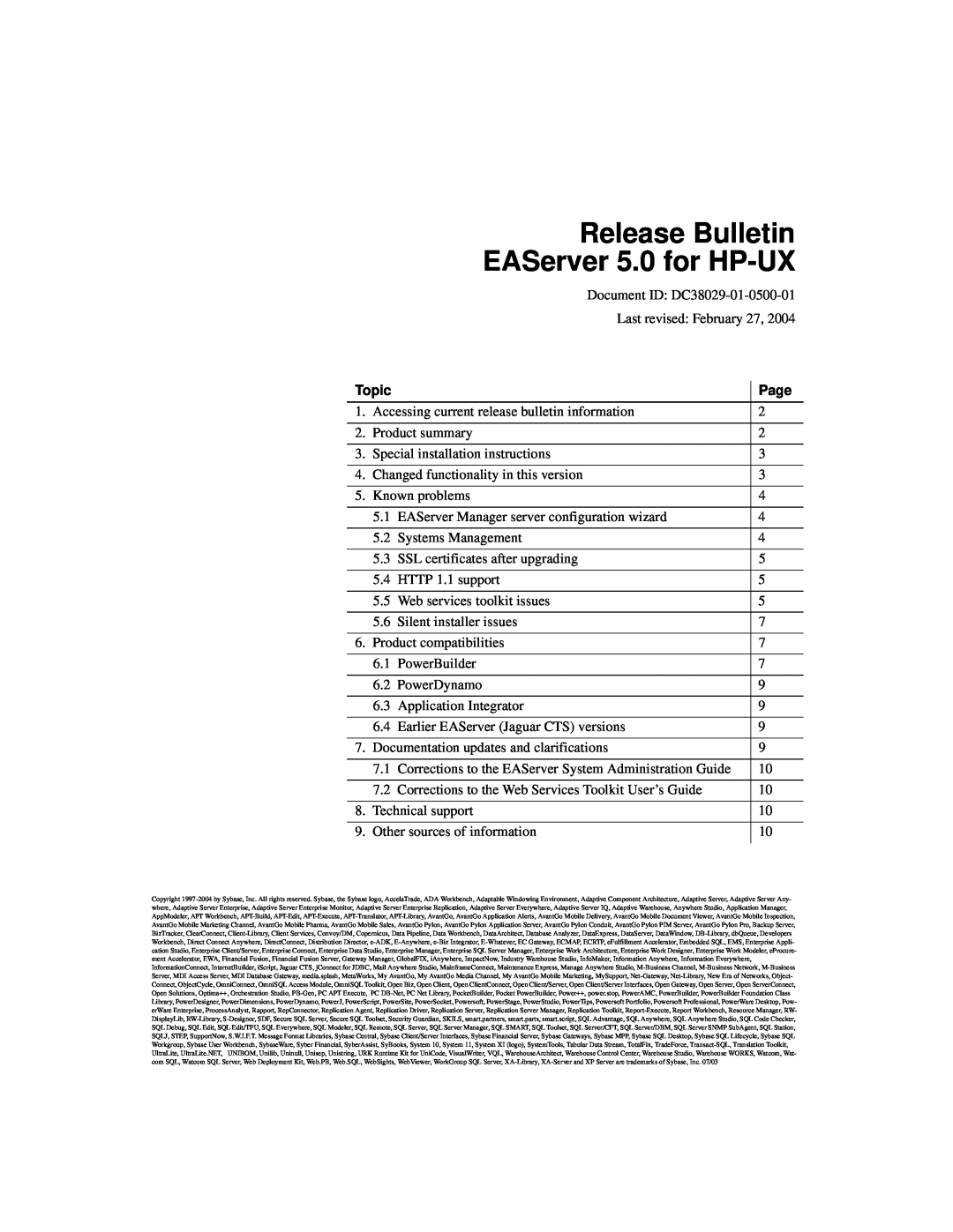 Sybase DC38029-01-0500-01 dimensions Release Bulletin EAServer 5.0 for HP-UX, Topic, Page 