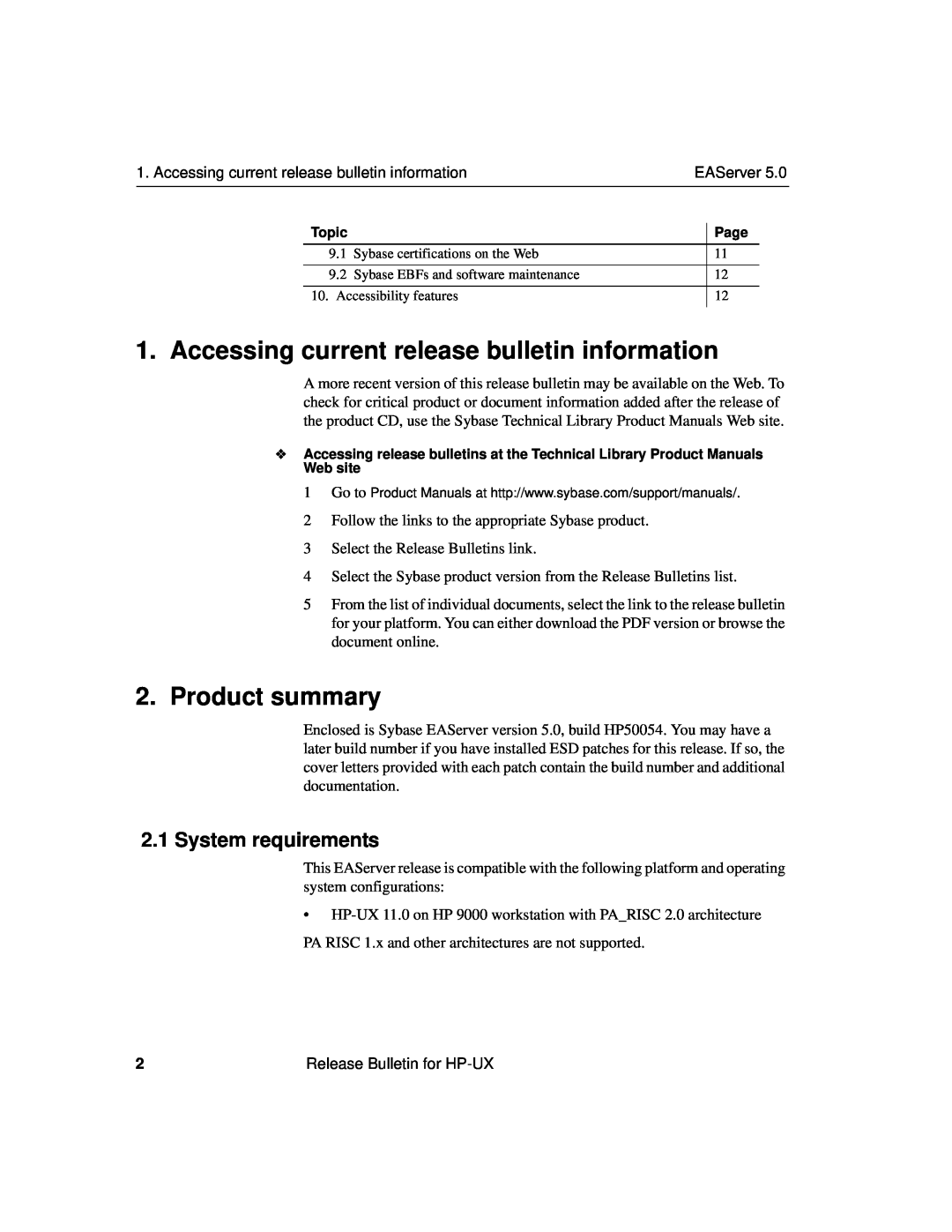 Sybase DC38029-01-0500-01 dimensions Accessing current release bulletin information, Product summary, System requirements 