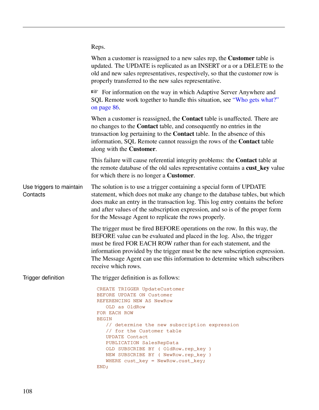 Sybase DC38133-01-0902-01 manual Reps, Properly transferred to the new sales representative, Along with the Customer, 108 