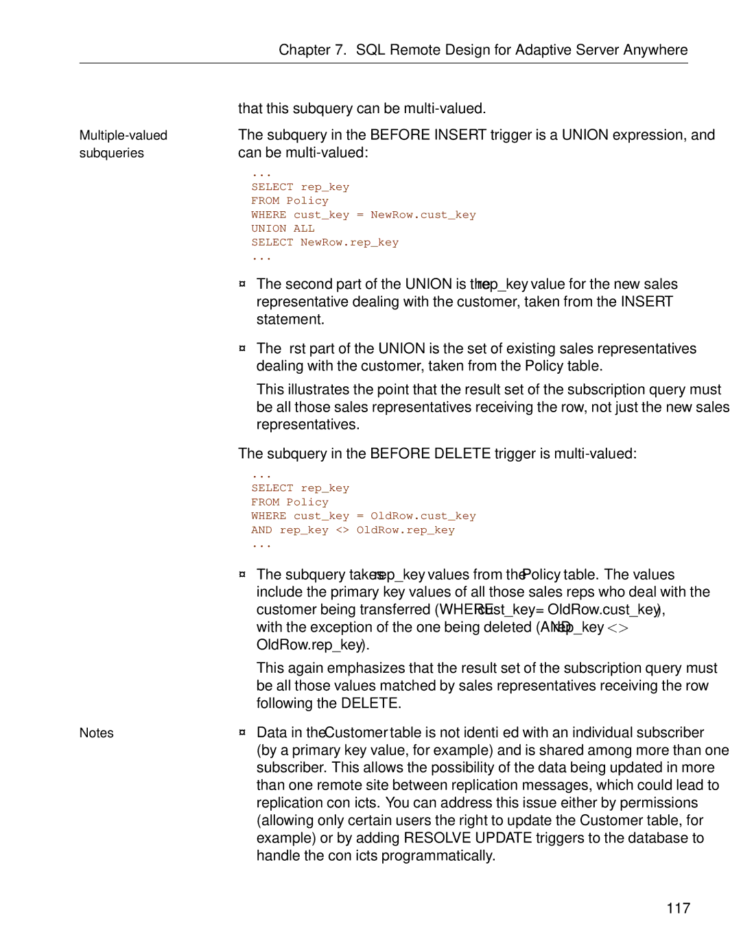 Sybase DC38133-01-0902-01 manual That this subquery can be multi-valued, Can be multi-valued, Following the Delete, 117 