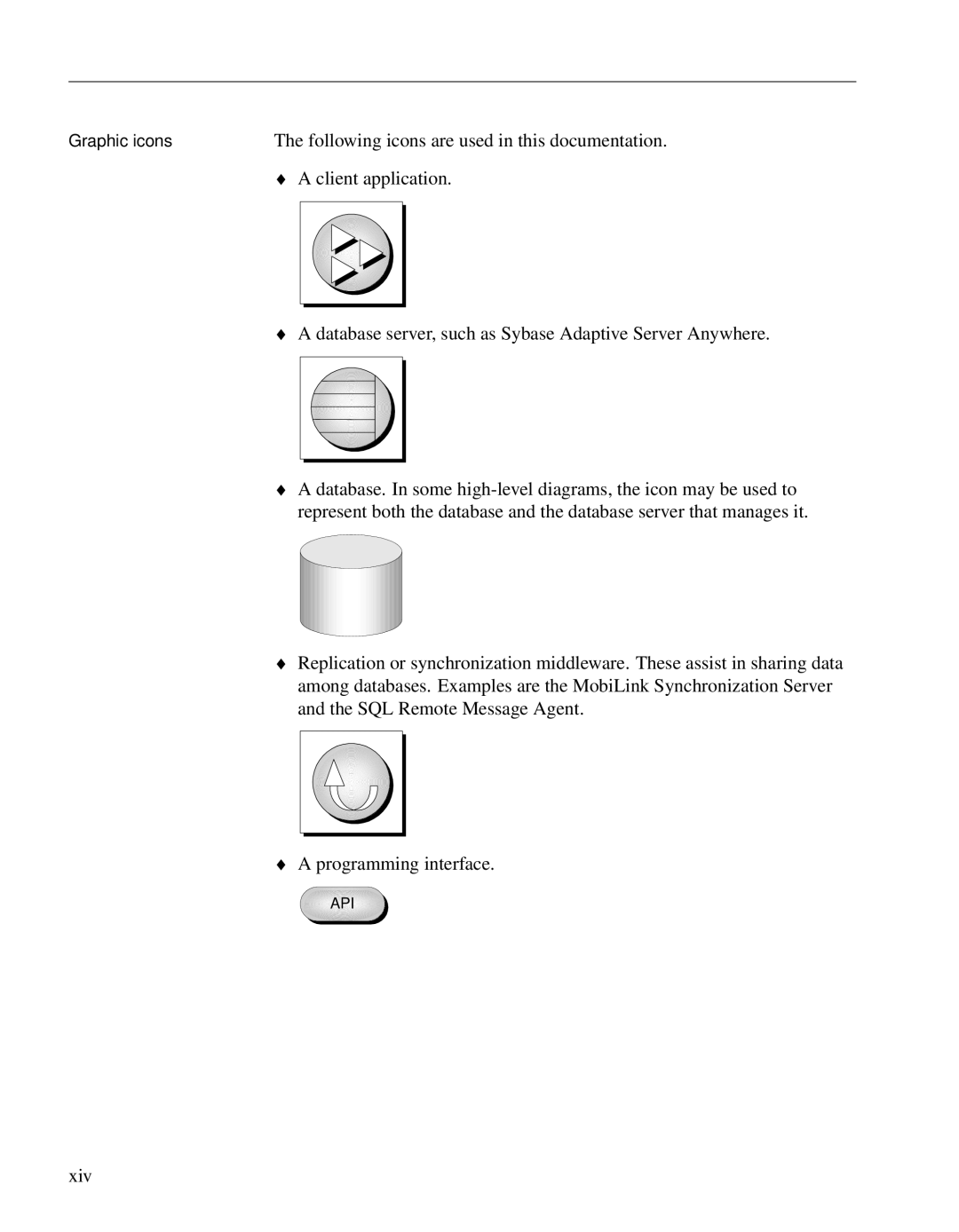 Sybase DC38133-01-0902-01 manual Following icons are used in this documentation, Client application, Xiv 