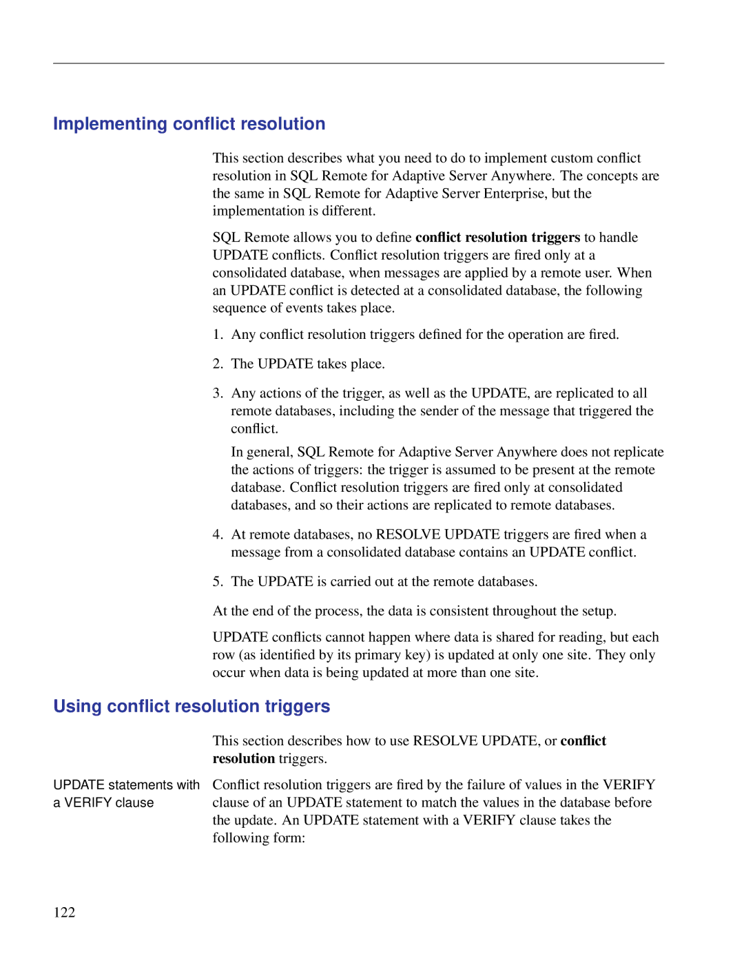 Sybase DC38133-01-0902-01 manual Implementing conﬂict resolution, Using conﬂict resolution triggers 