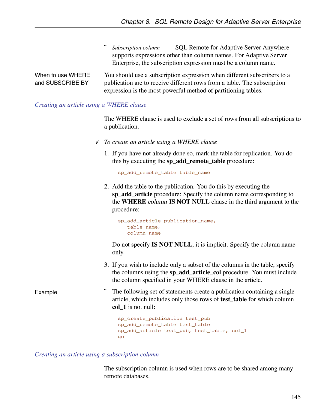 Sybase DC38133-01-0902-01 manual Creating an article using a Where clause, To create an article using a Where clause 