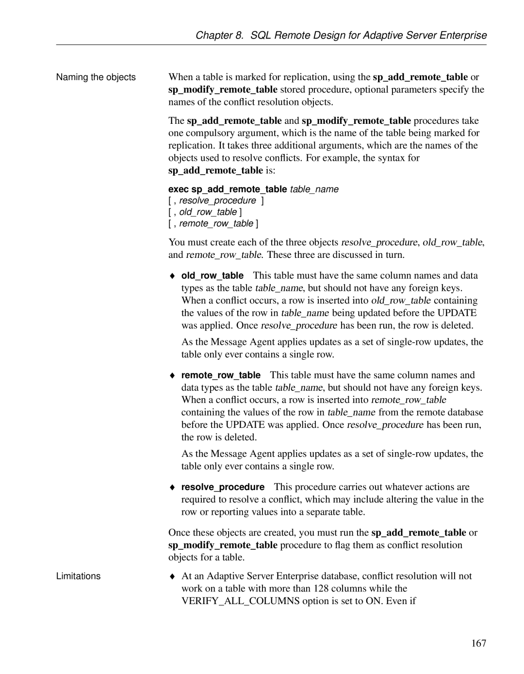 Sybase DC38133-01-0902-01 Names of the conﬂict resolution objects, Remoterowtable. These three are discussed in turn, 167 