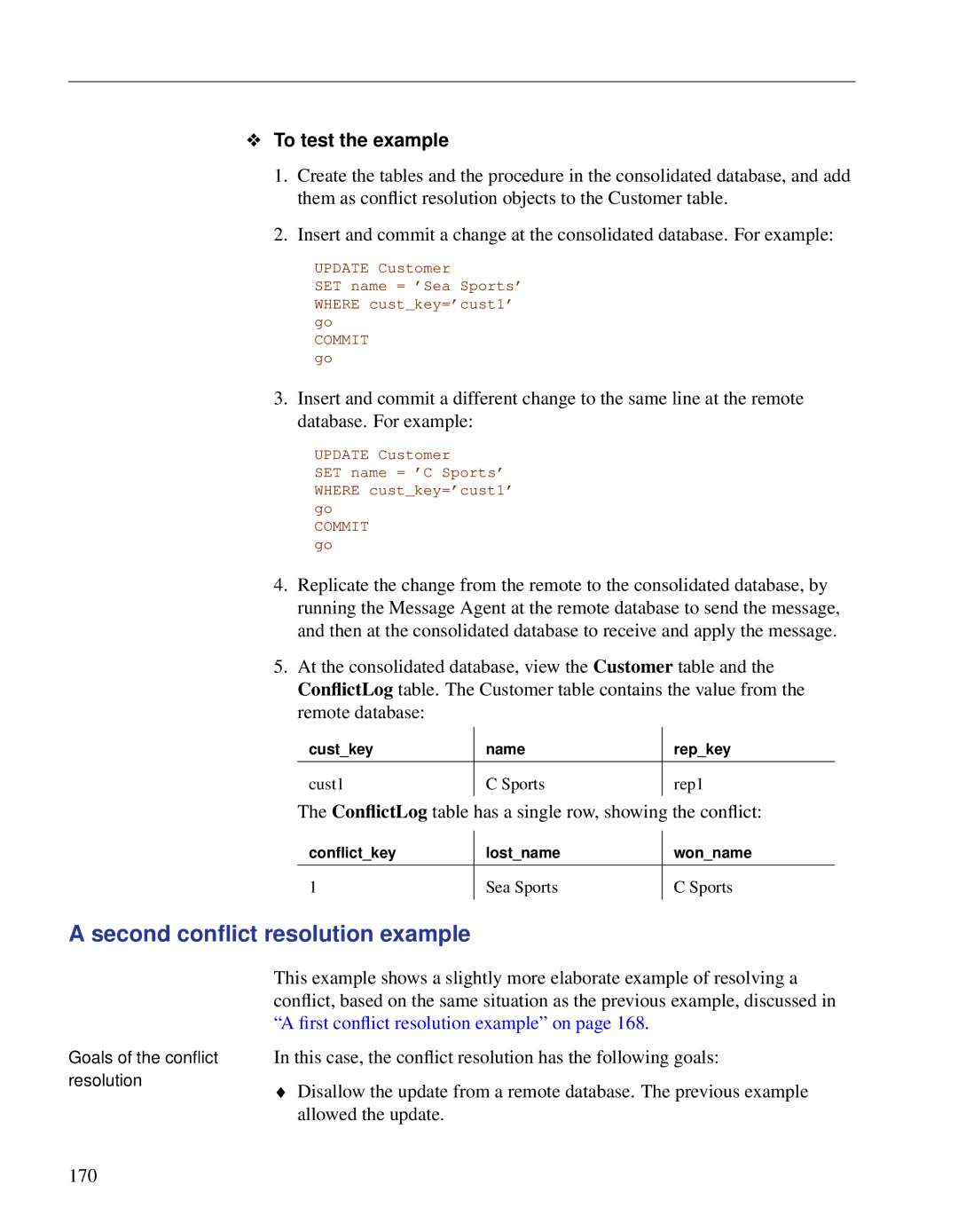 Sybase DC38133-01-0902-01 manual Second conﬂict resolution example, To test the example 