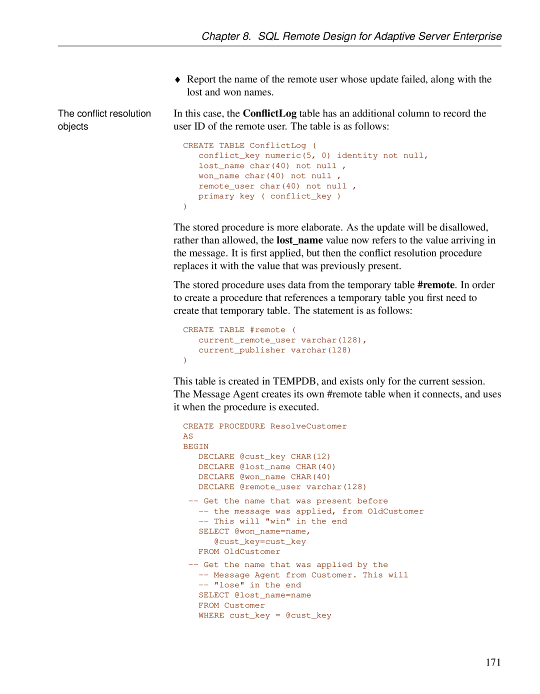 Sybase DC38133-01-0902-01 manual Lost and won names, User ID of the remote user. The table is as follows, 171 