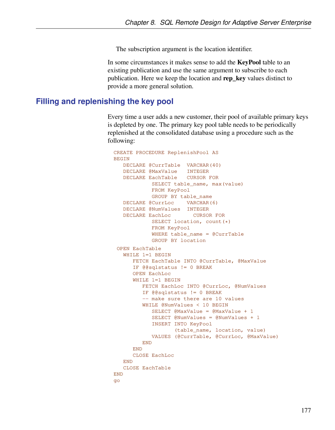 Sybase DC38133-01-0902-01 manual Filling and replenishing the key pool, 177 