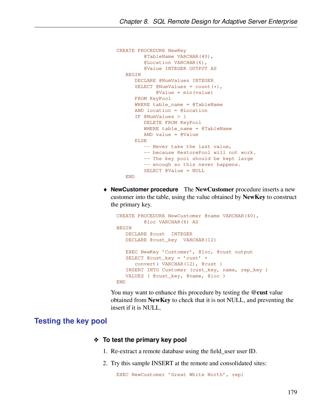 Sybase DC38133-01-0902-01 manual Testing the key pool, To test the primary key pool, 179 