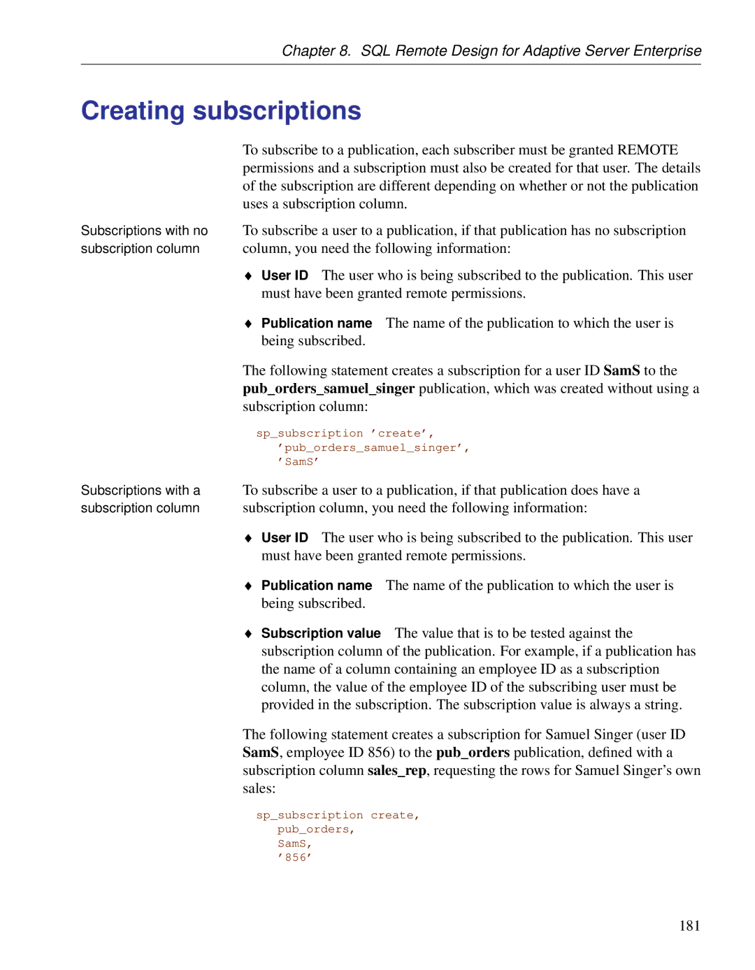 Sybase DC38133-01-0902-01 manual Spsubscription create, puborders SamS ’856’ 