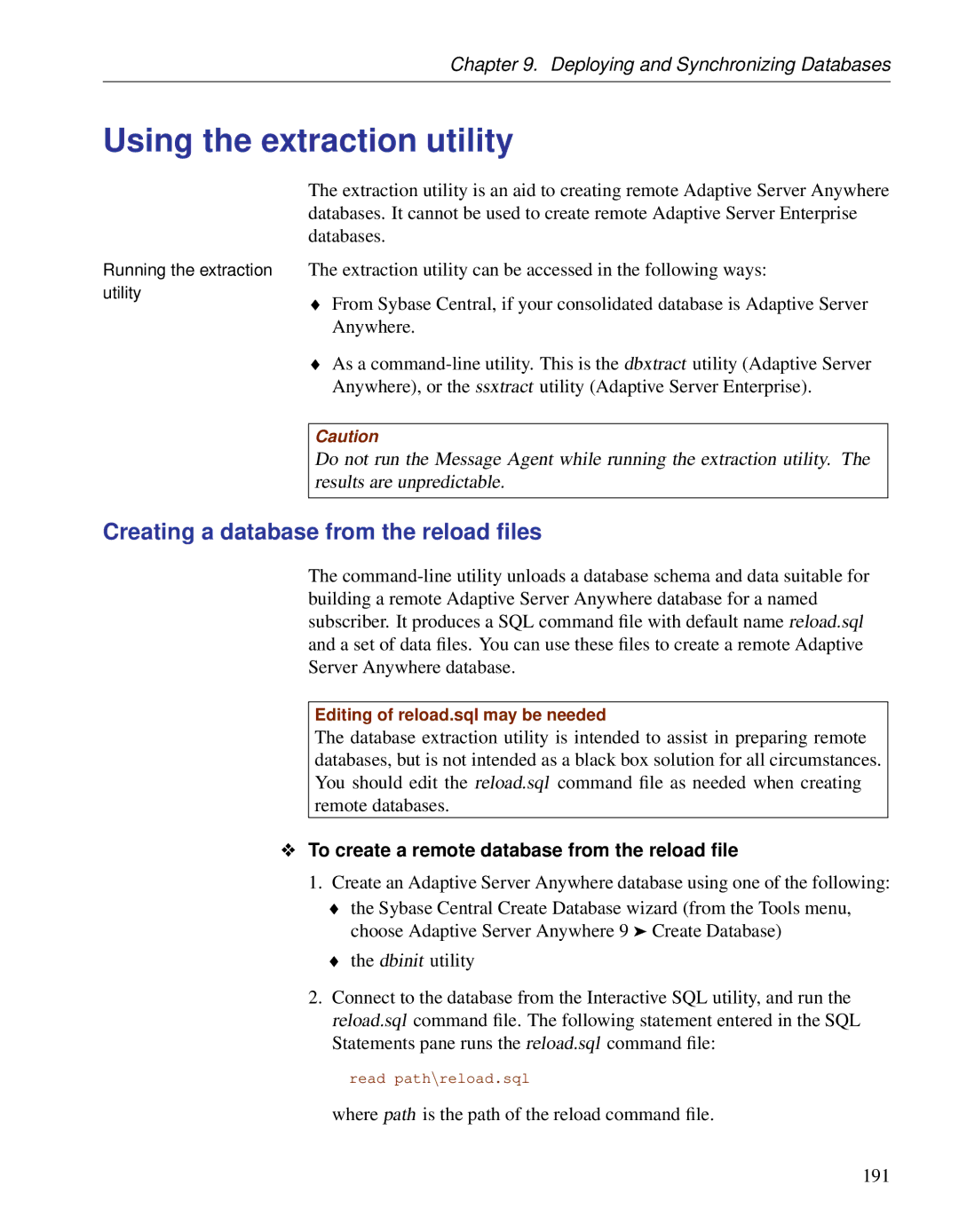 Sybase DC38133-01-0902-01 manual Using the extraction utility, Creating a database from the reload ﬁles 