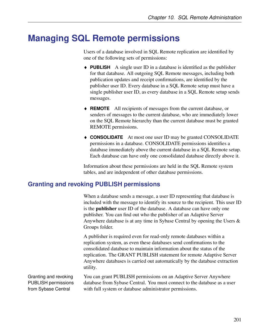 Sybase DC38133-01-0902-01 manual Managing SQL Remote permissions, Granting and revoking Publish permissions 