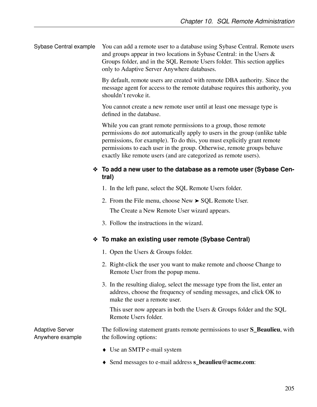 Sybase DC38133-01-0902-01 To make an existing user remote Sybase Central, Following options, Use an Smtp e-mail system 