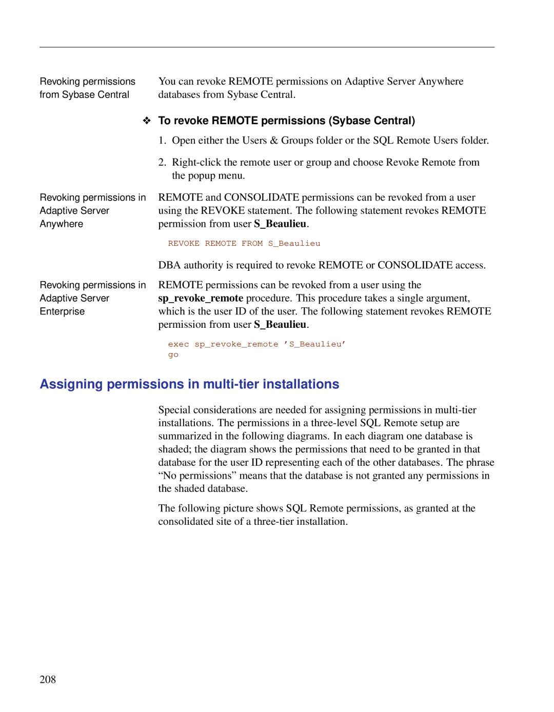 Sybase DC38133-01-0902-01 Assigning permissions in multi-tier installations, To revoke Remote permissions Sybase Central 