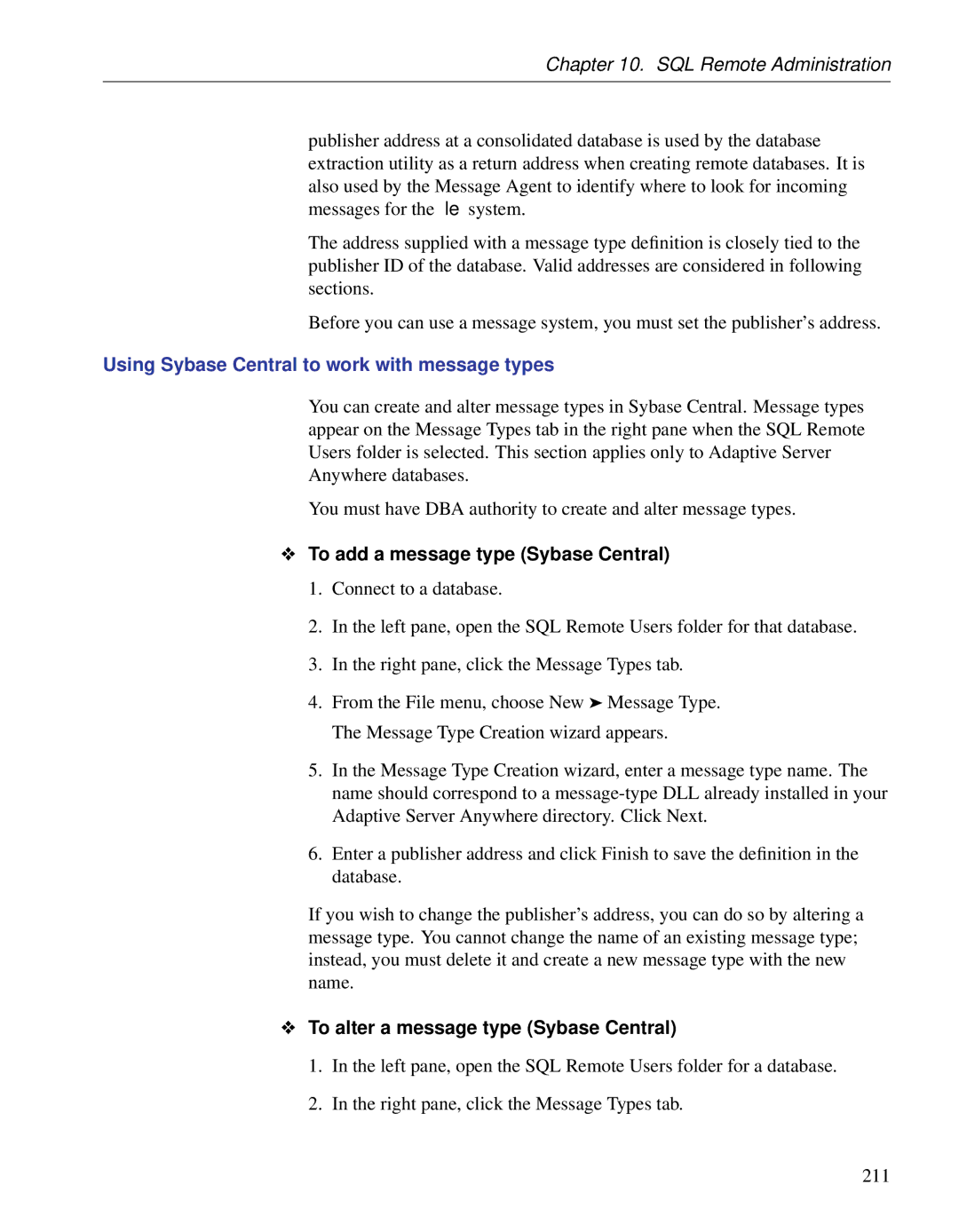 Sybase DC38133-01-0902-01 manual Using Sybase Central to work with message types, To add a message type Sybase Central 