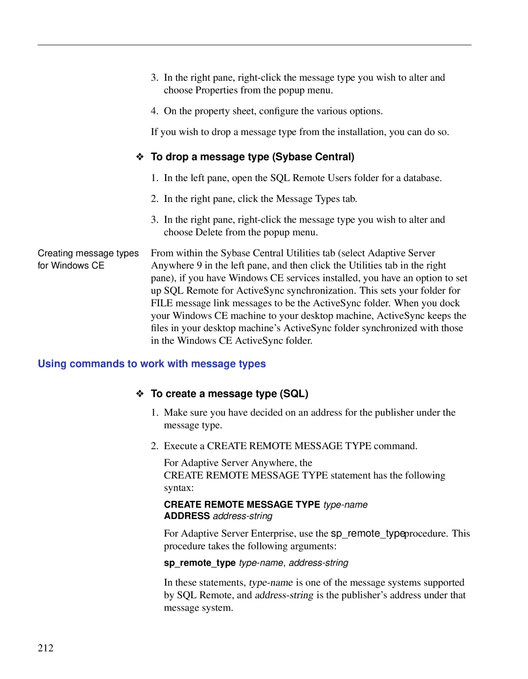 Sybase DC38133-01-0902-01 manual To drop a message type Sybase Central, Using commands to work with message types 