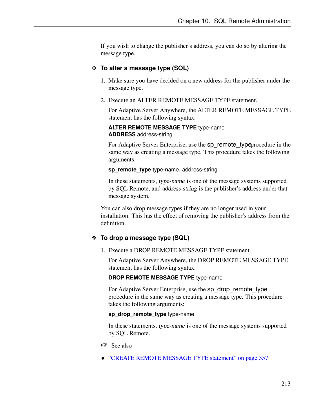 Sybase DC38133-01-0902-01 To alter a message type SQL, To drop a message type SQL, Create Remote Message Type statement on 