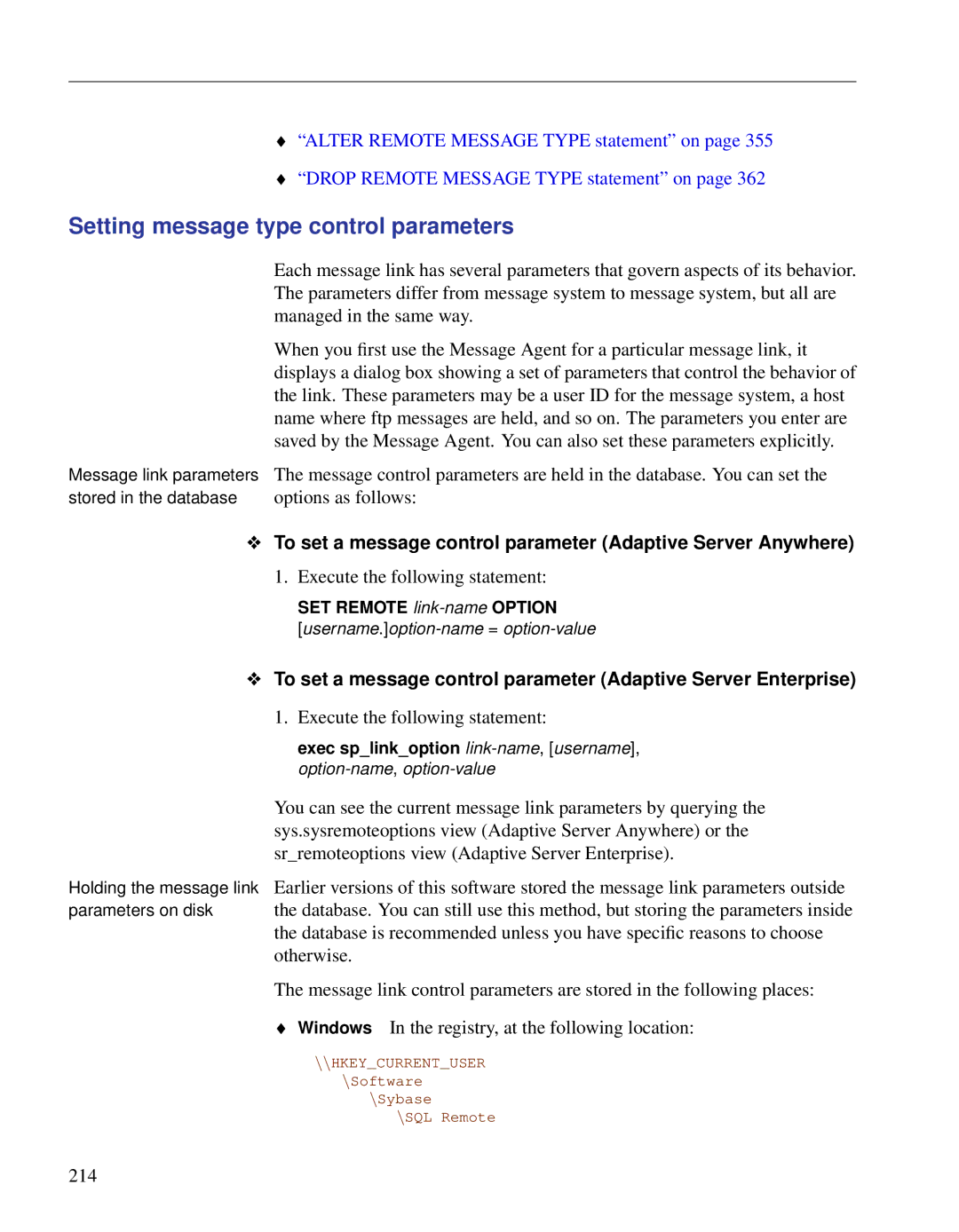 Sybase DC38133-01-0902-01 manual Setting message type control parameters 