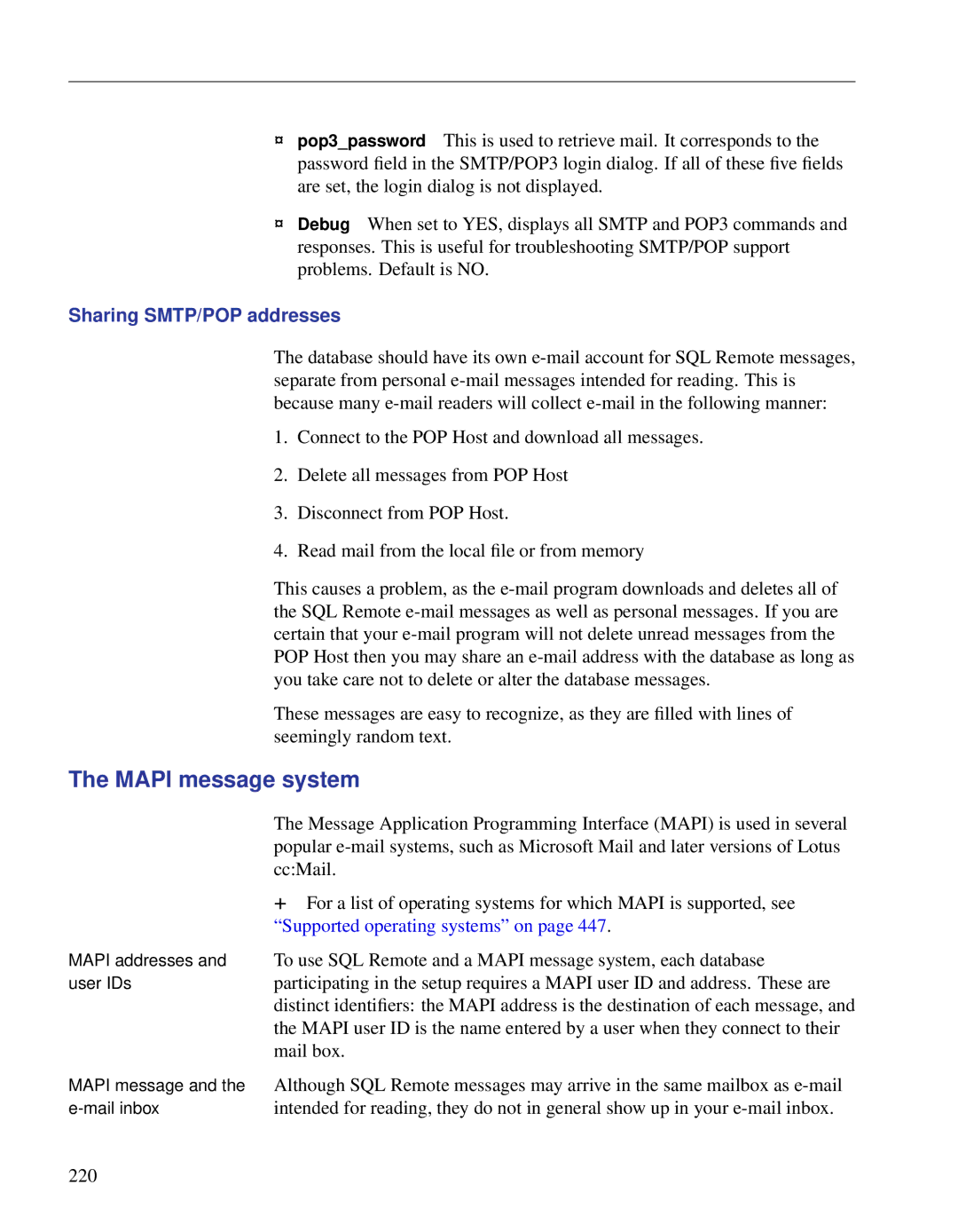 Sybase DC38133-01-0902-01 manual Mapi message system, Sharing SMTP/POP addresses, Supported operating systems on 