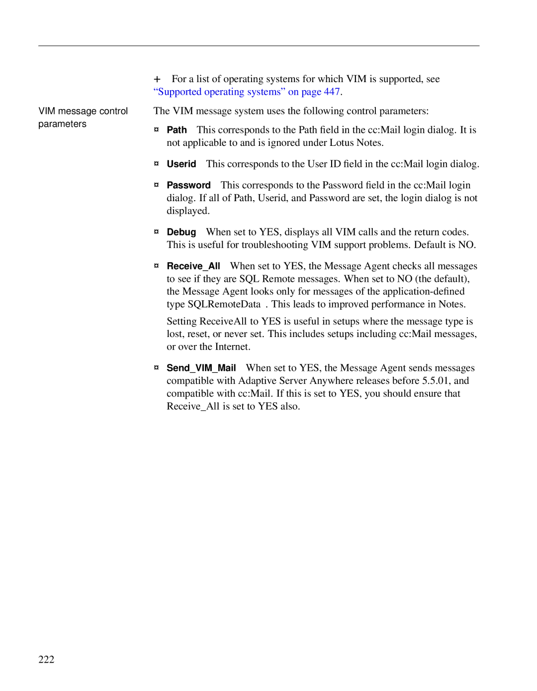 Sybase DC38133-01-0902-01 manual VIM message control parameters 