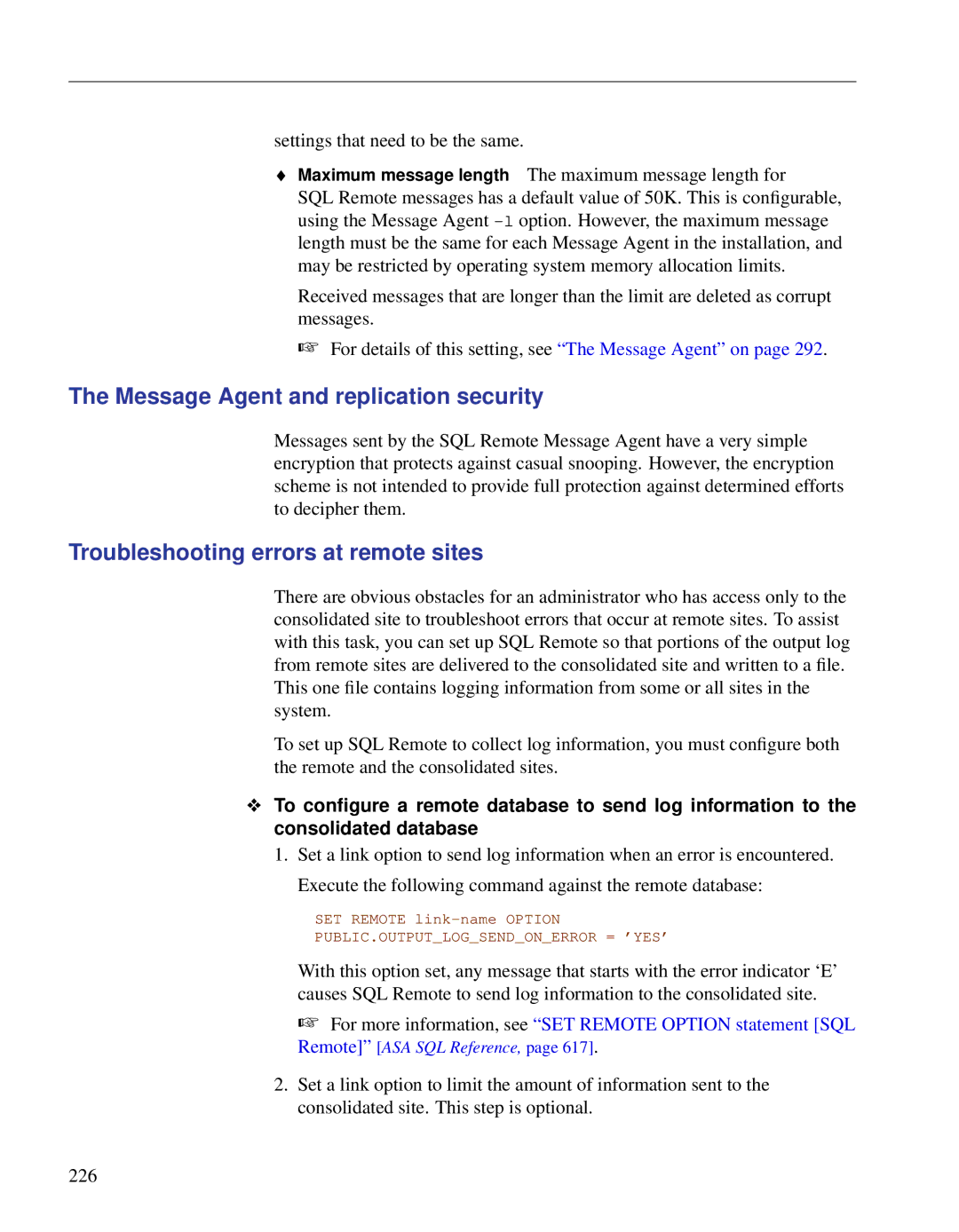 Sybase DC38133-01-0902-01 manual Message Agent and replication security, Troubleshooting errors at remote sites 