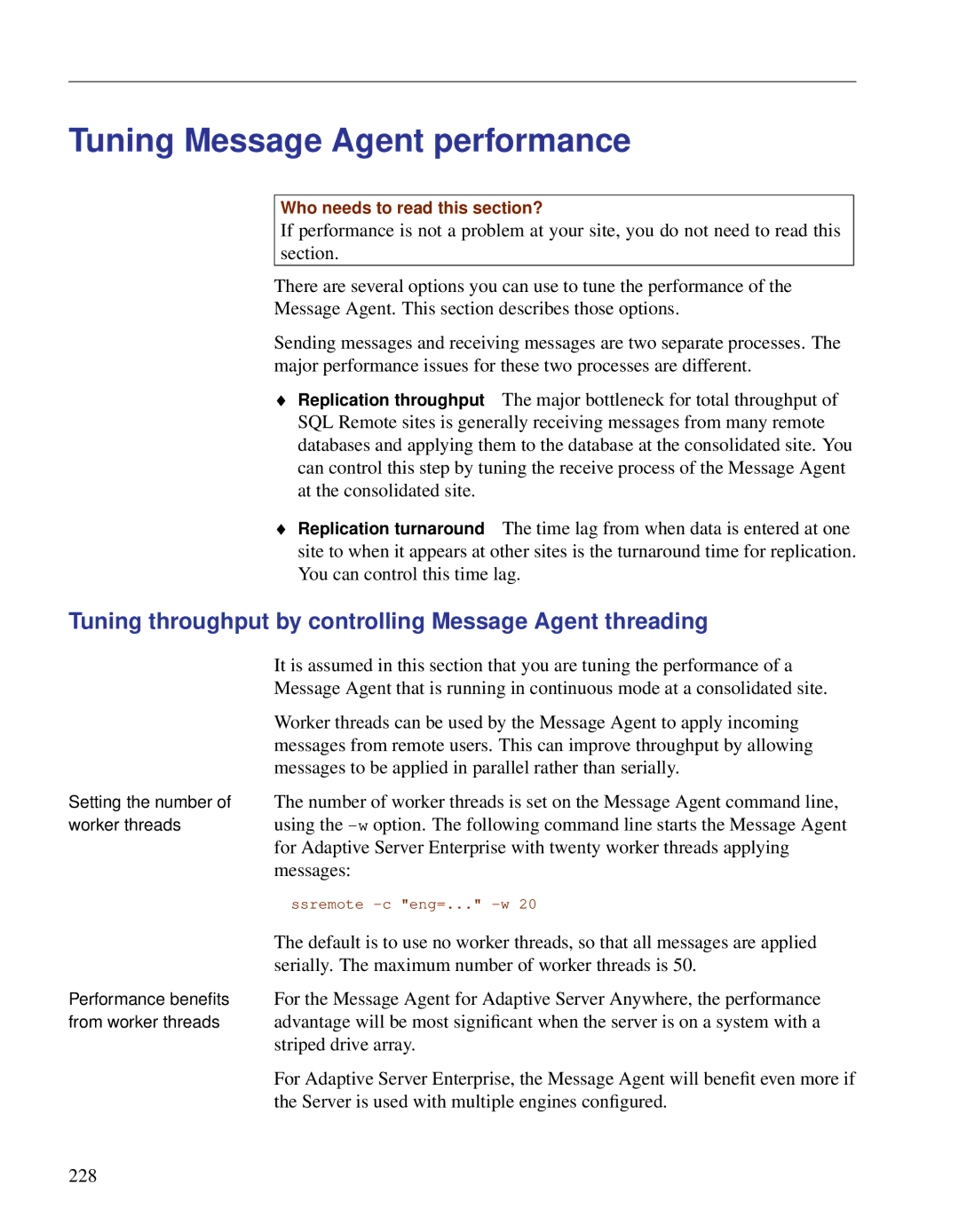 Sybase DC38133-01-0902-01 manual Tuning Message Agent performance, Tuning throughput by controlling Message Agent threading 