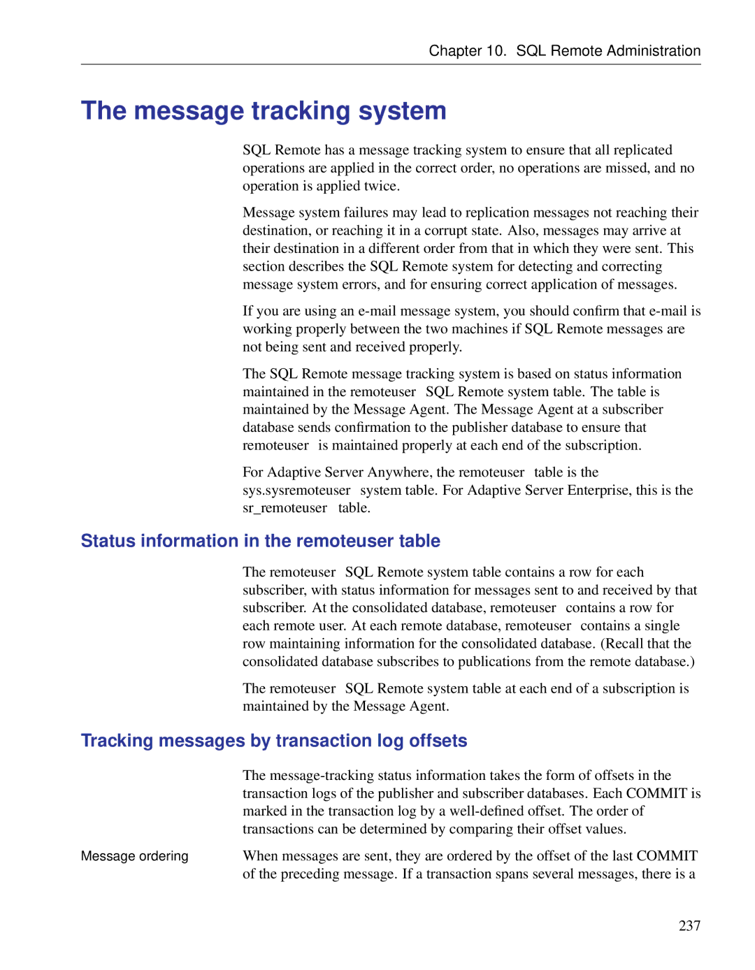 Sybase DC38133-01-0902-01 manual Message tracking system, Status information in the remoteuser table 