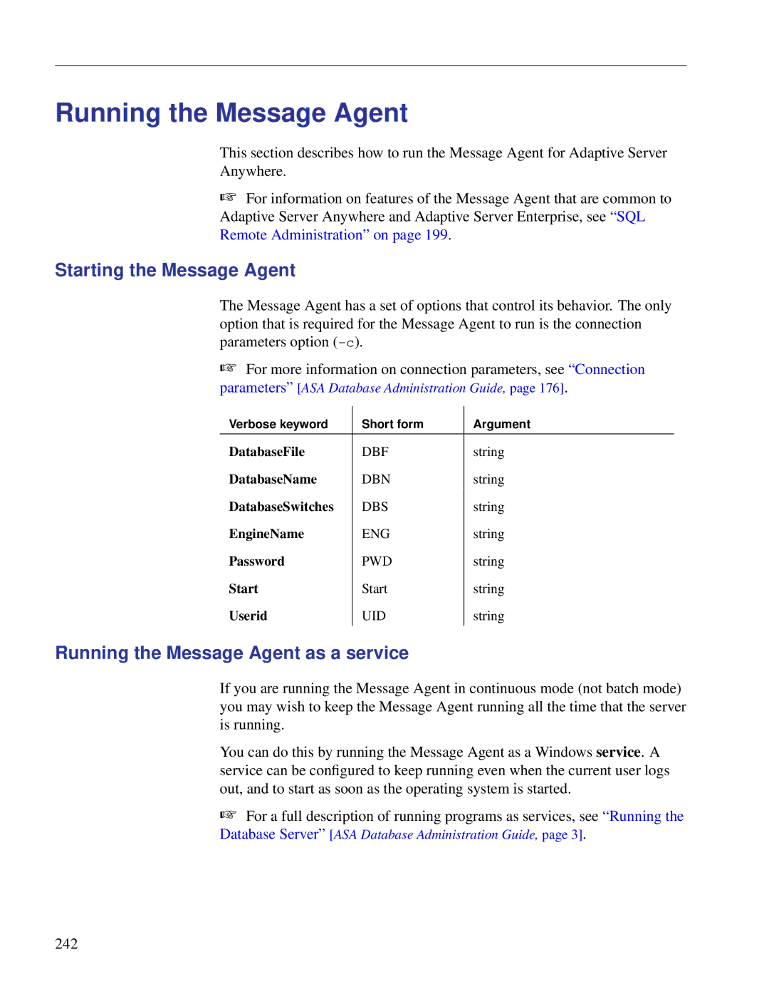 Sybase DC38133-01-0902-01 manual Starting the Message Agent, Running the Message Agent as a service 