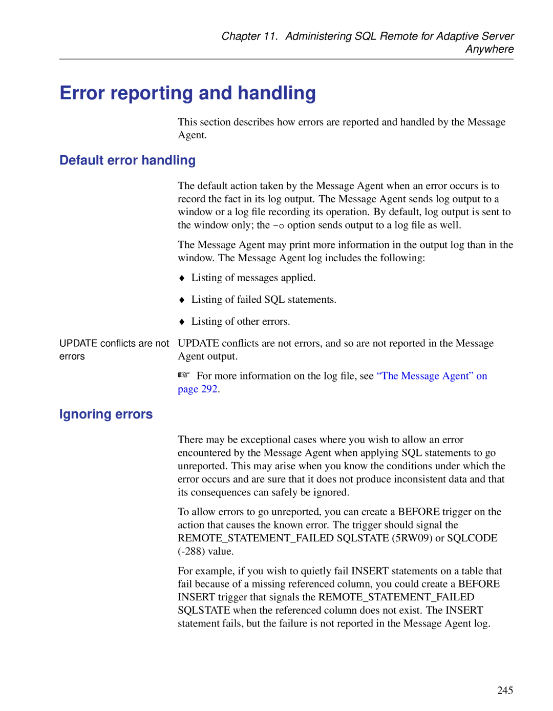 Sybase DC38133-01-0902-01 manual Error reporting and handling, Default error handling, Ignoring errors, Agent output 