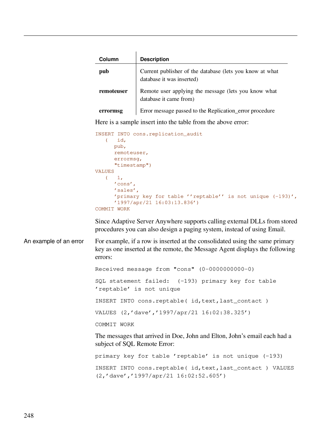 Sybase DC38133-01-0902-01 manual Here is a sample insert into the table from the above error, 248 