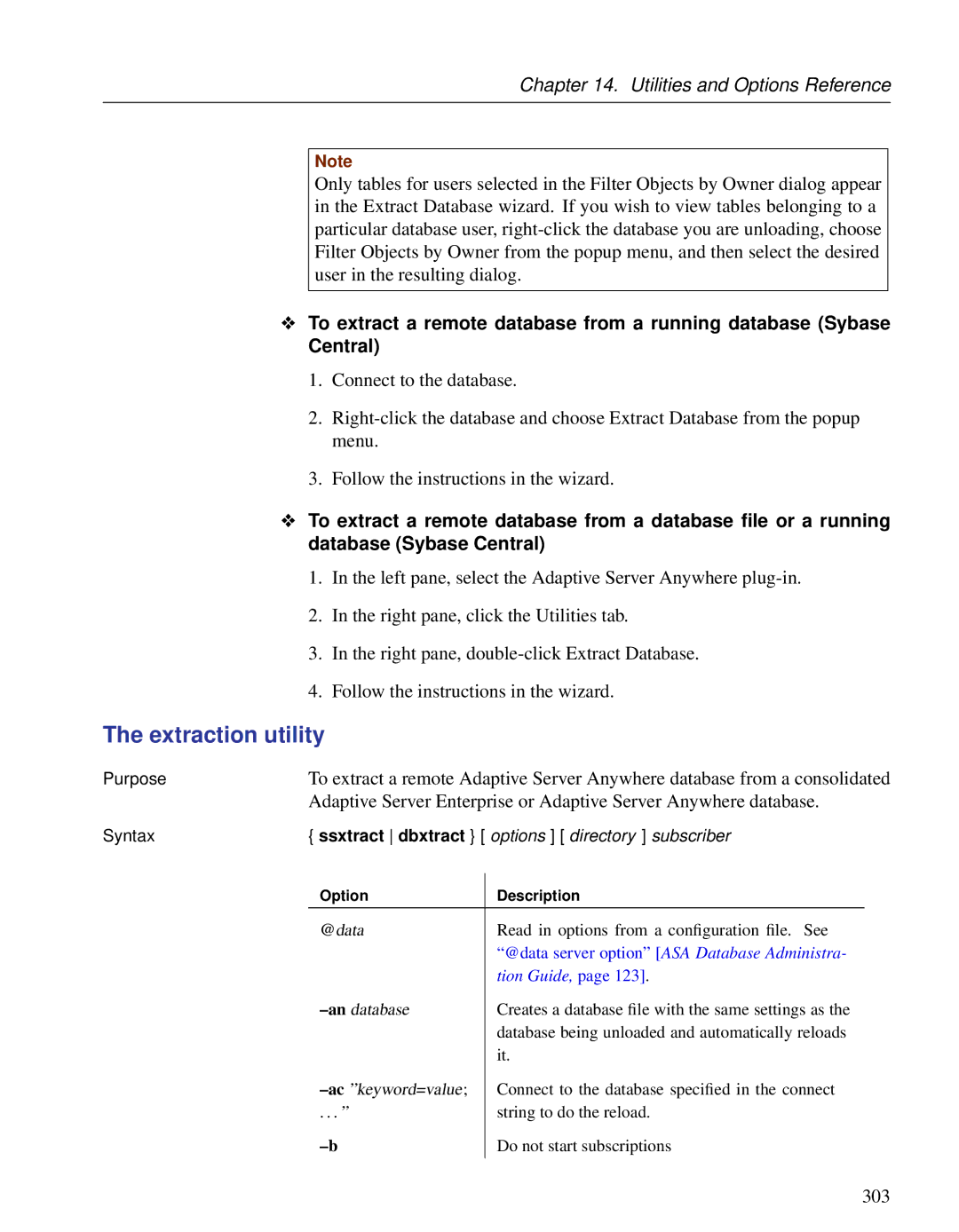 Sybase DC38133-01-0902-01 manual Extraction utility, 303 