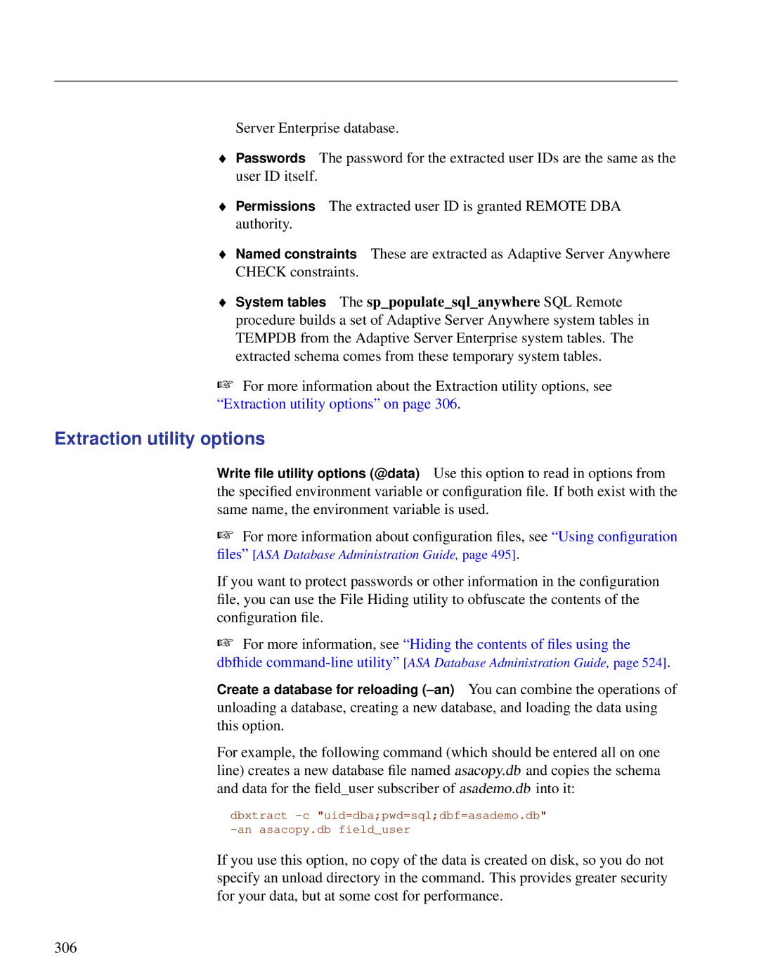 Sybase DC38133-01-0902-01 manual Extraction utility options 