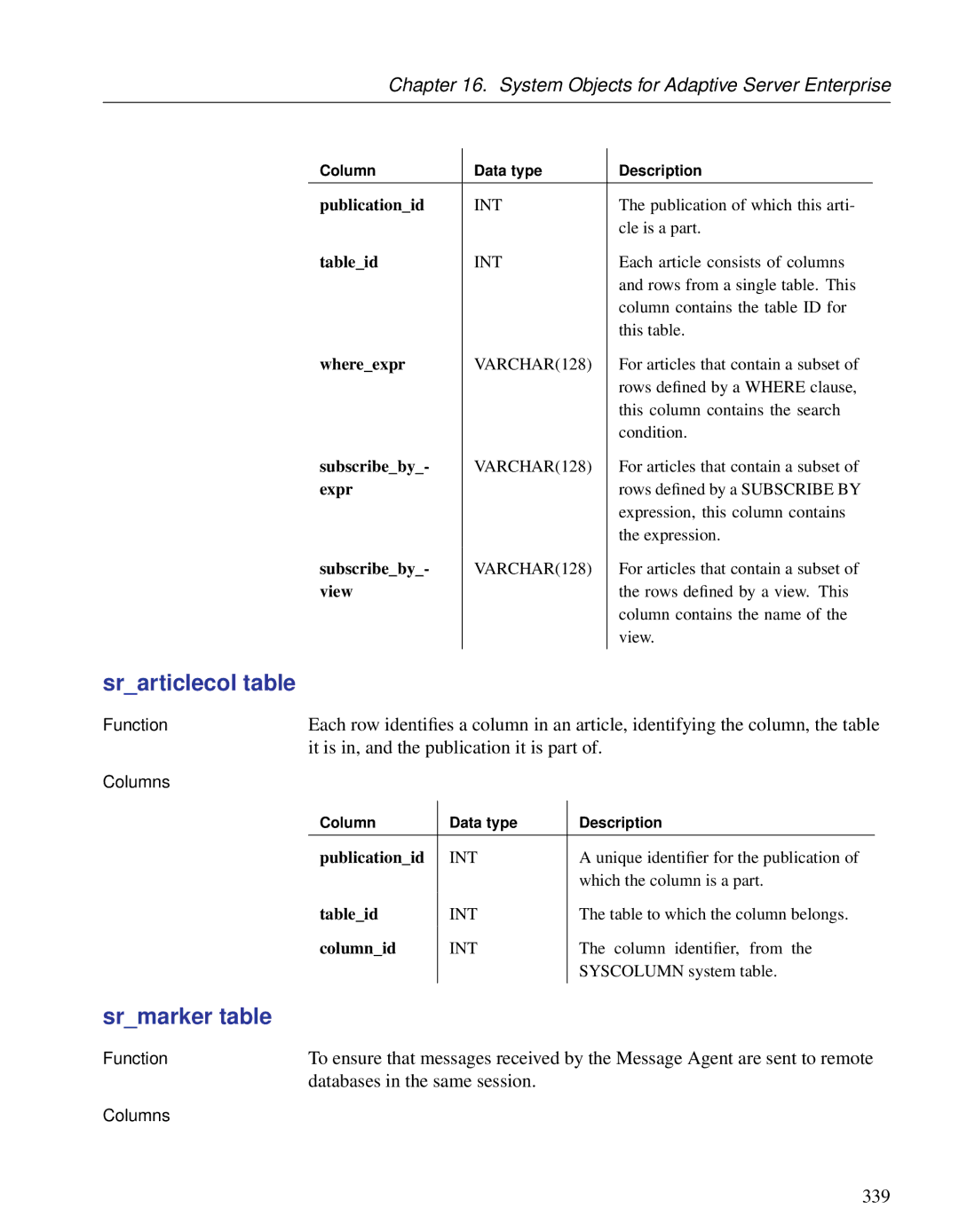 Sybase DC38133-01-0902-01 manual Srarticlecol table, Srmarker table, Databases in the same session, 339 