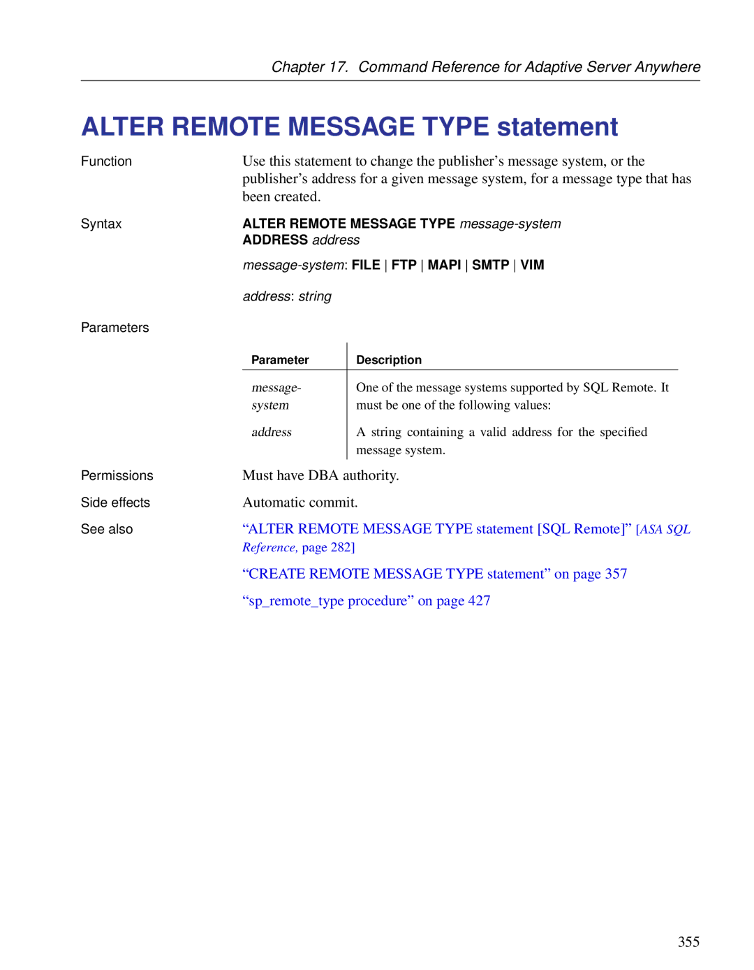 Sybase DC38133-01-0902-01 Alter Remote Message Type statement, Been created, Must have DBA authority, Automatic commit 