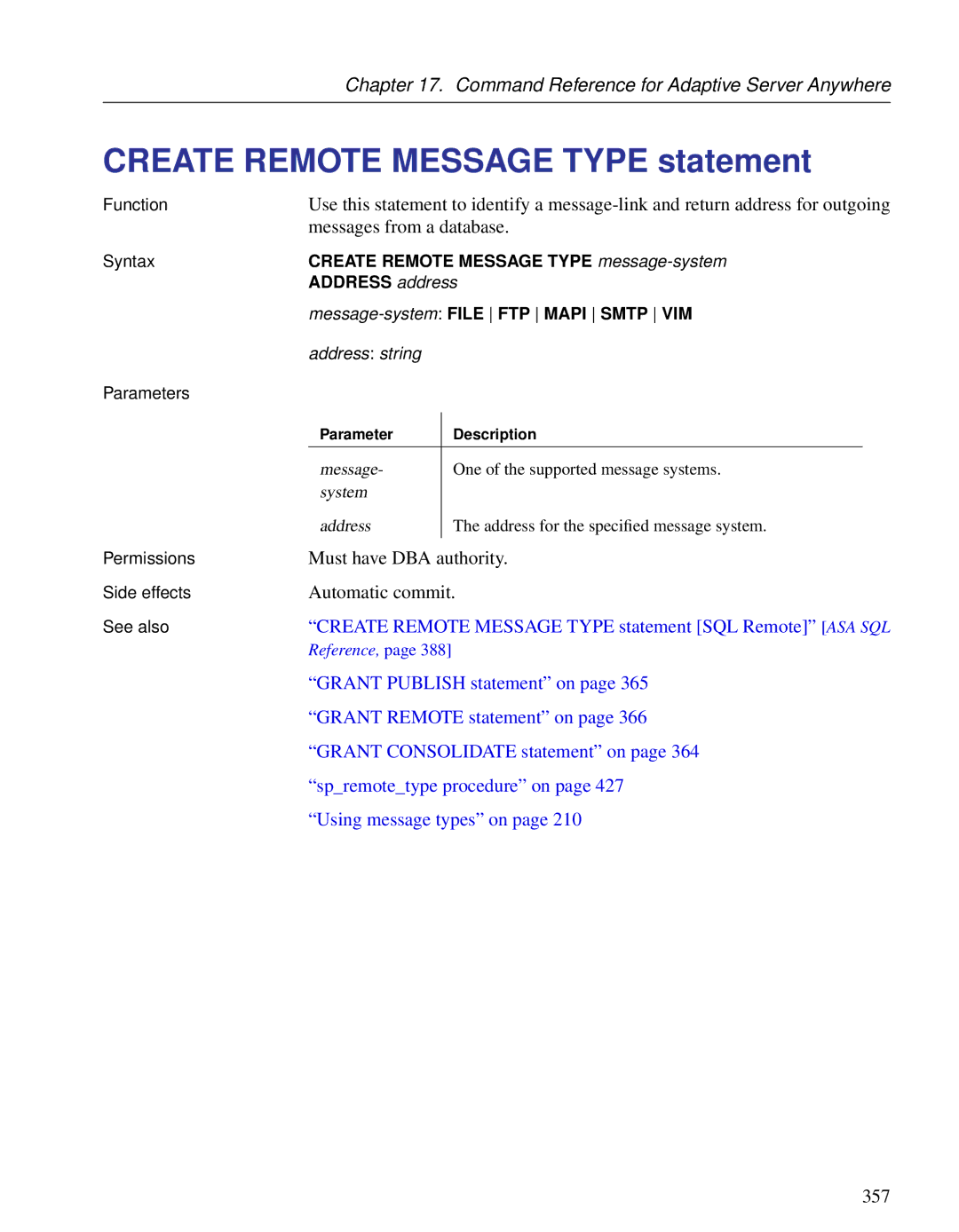 Sybase DC38133-01-0902-01 manual Create Remote Message Type statement, Messages from a database 