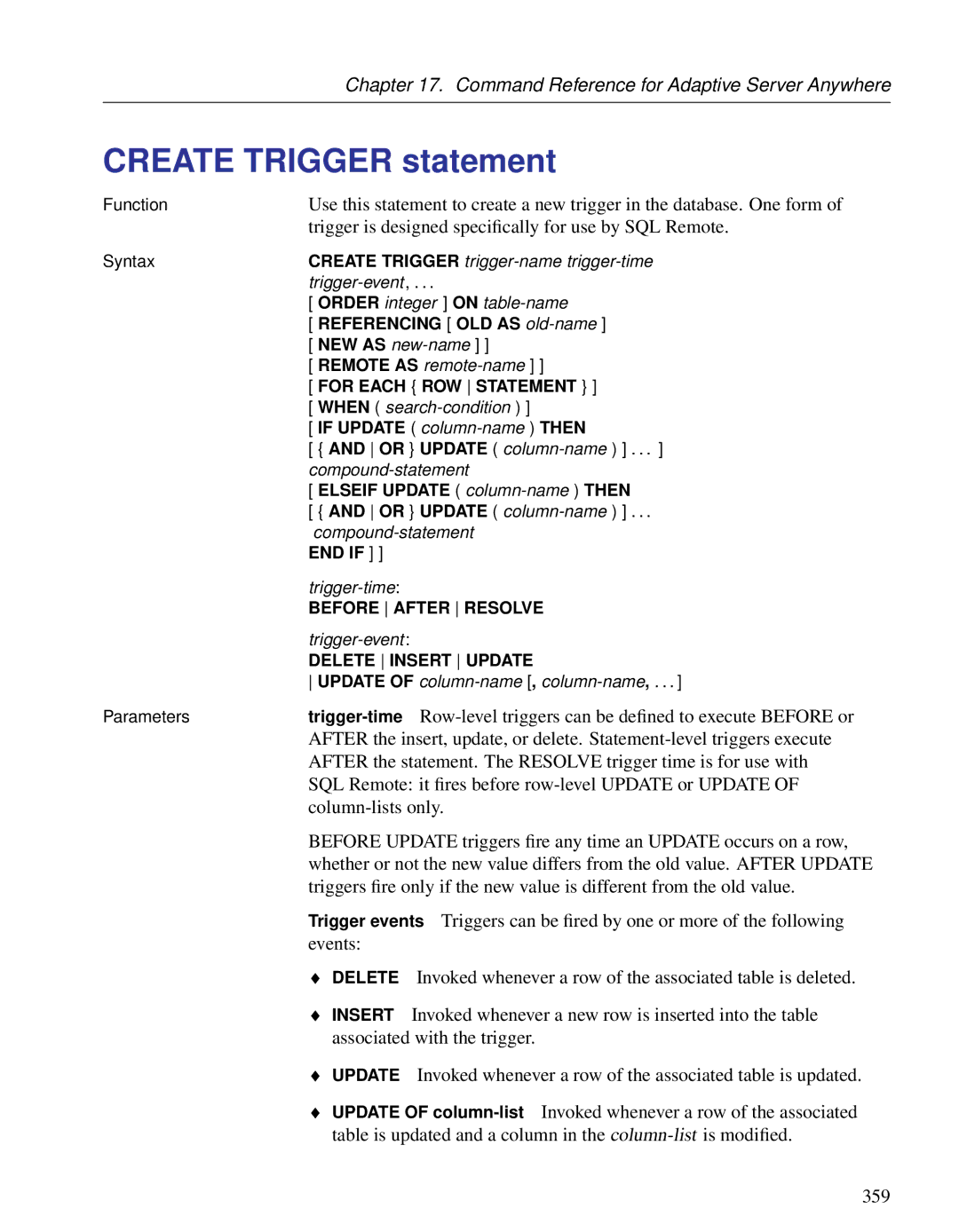 Sybase DC38133-01-0902-01 manual Create Trigger statement 