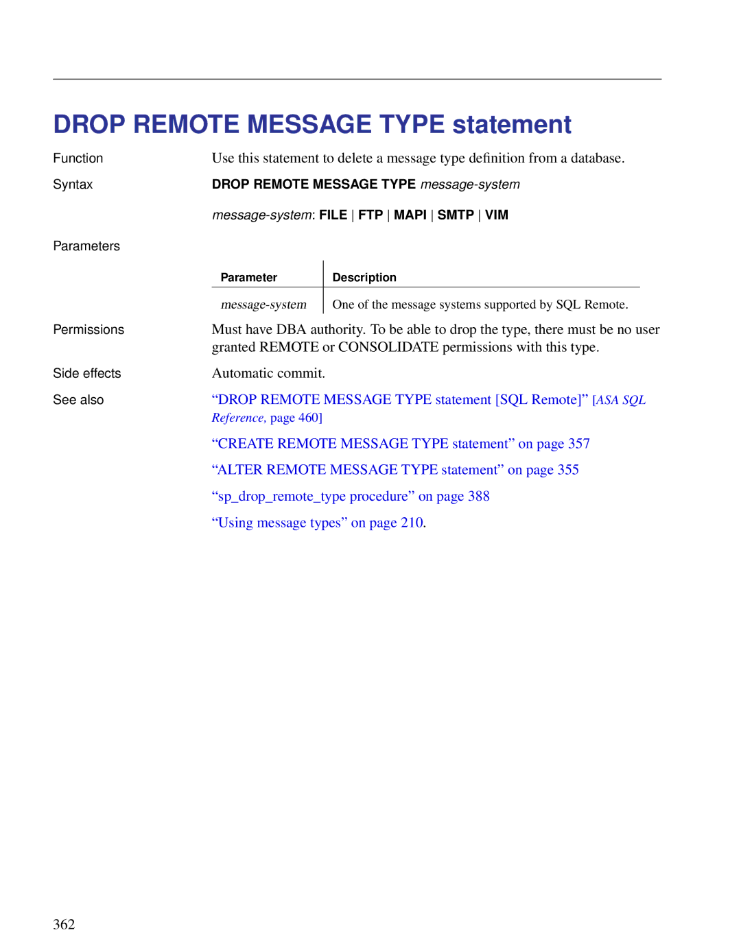 Sybase DC38133-01-0902-01 Drop Remote Message Type statement, Granted Remote or Consolidate permissions with this type 