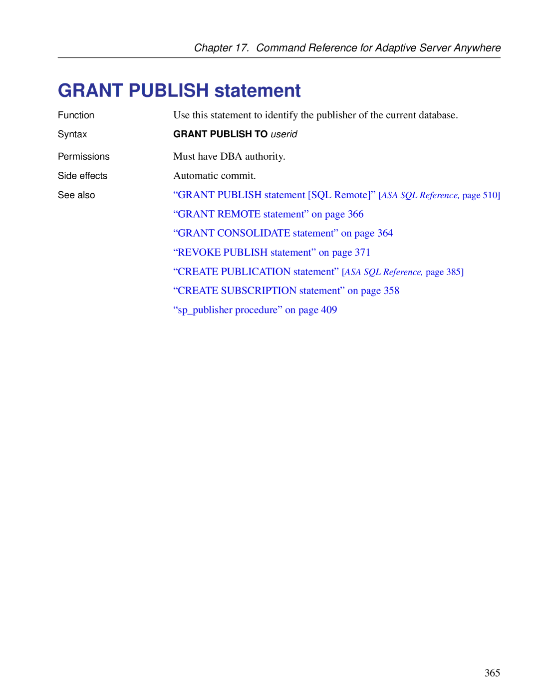 Sybase DC38133-01-0902-01 manual Grant Publish statement 